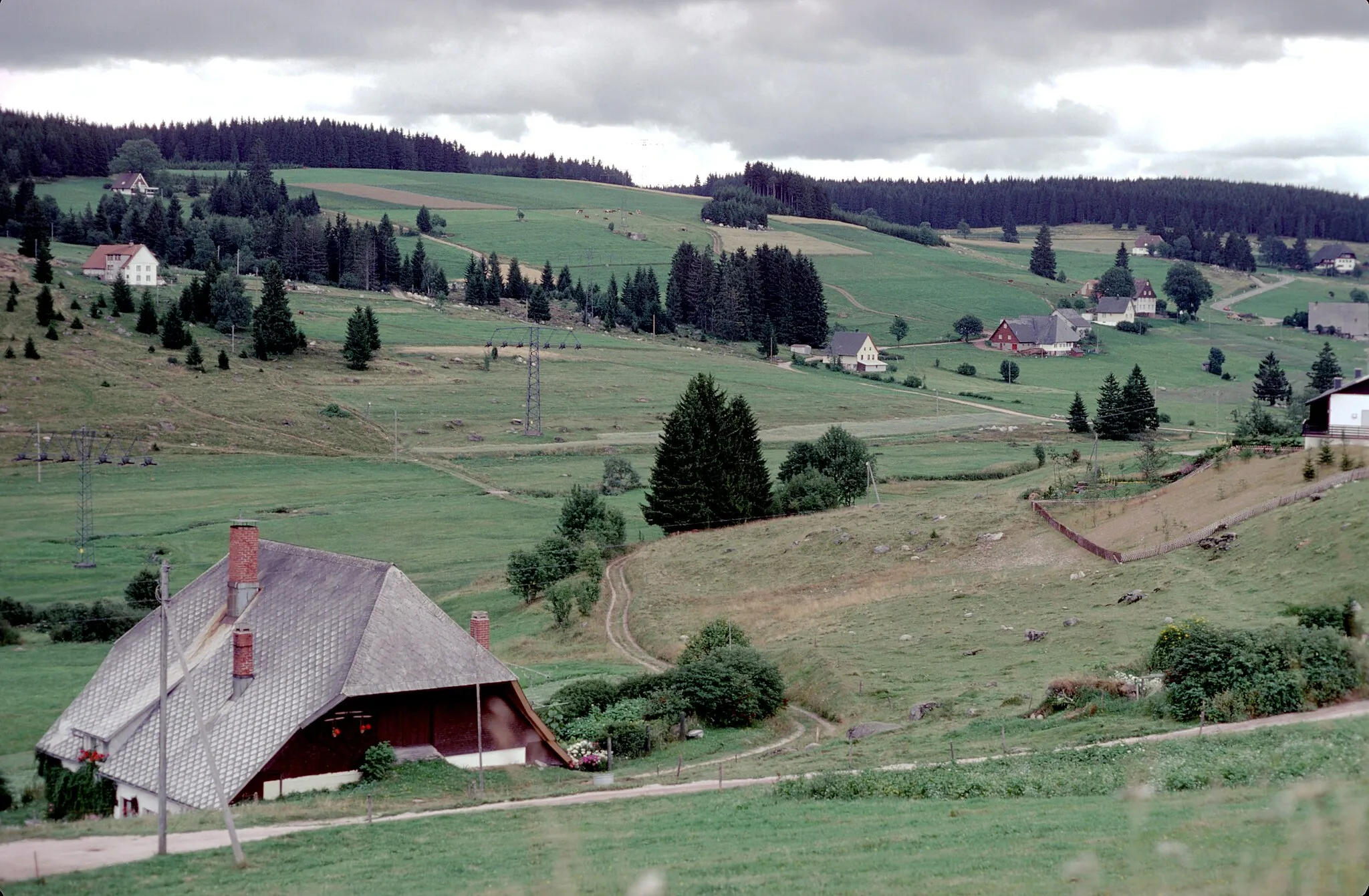 Photo showing: vorne links das Hölltalhäusle (Hölltal 1), im Hintergrund Mühleberg, rechts die Kirnacher Straße