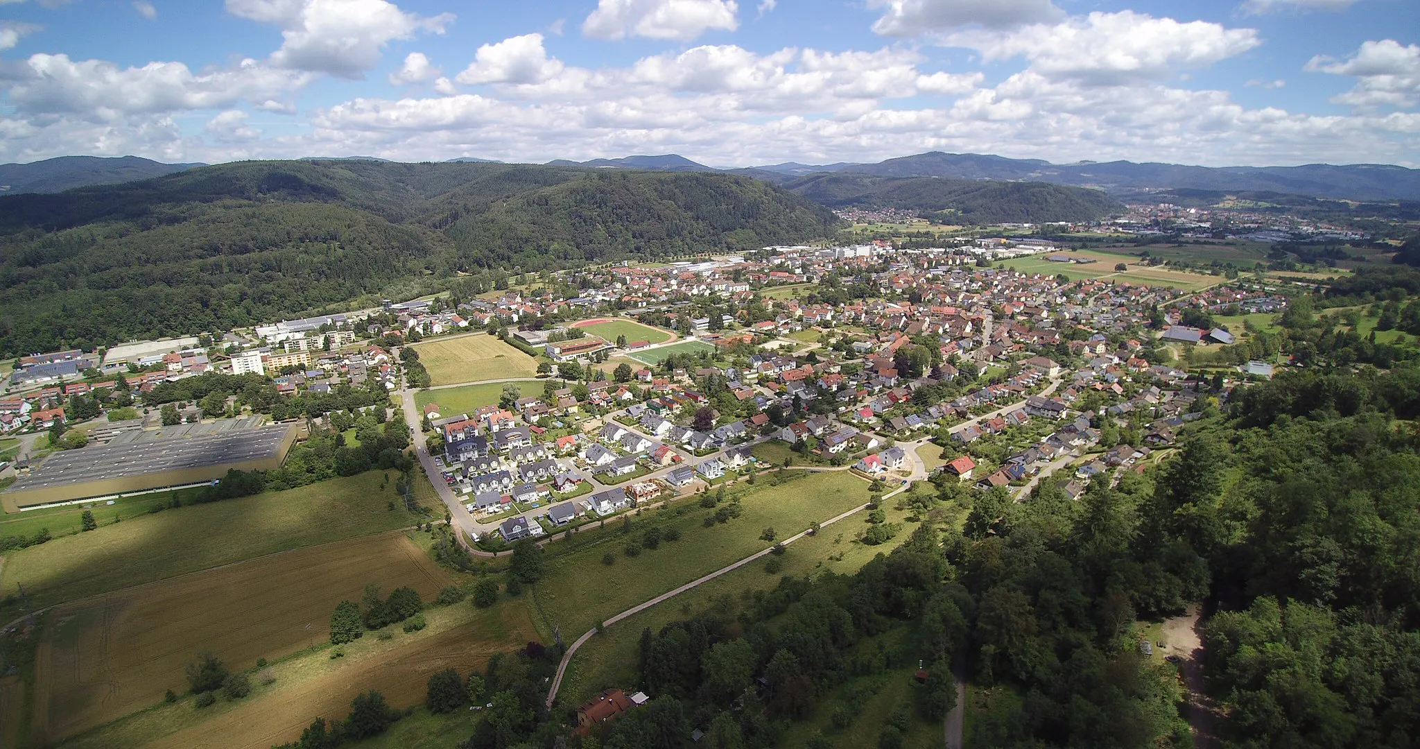 Photo showing: Aerial View of Maulburg, a town in southern Baden-Würrtemberg, Germany.