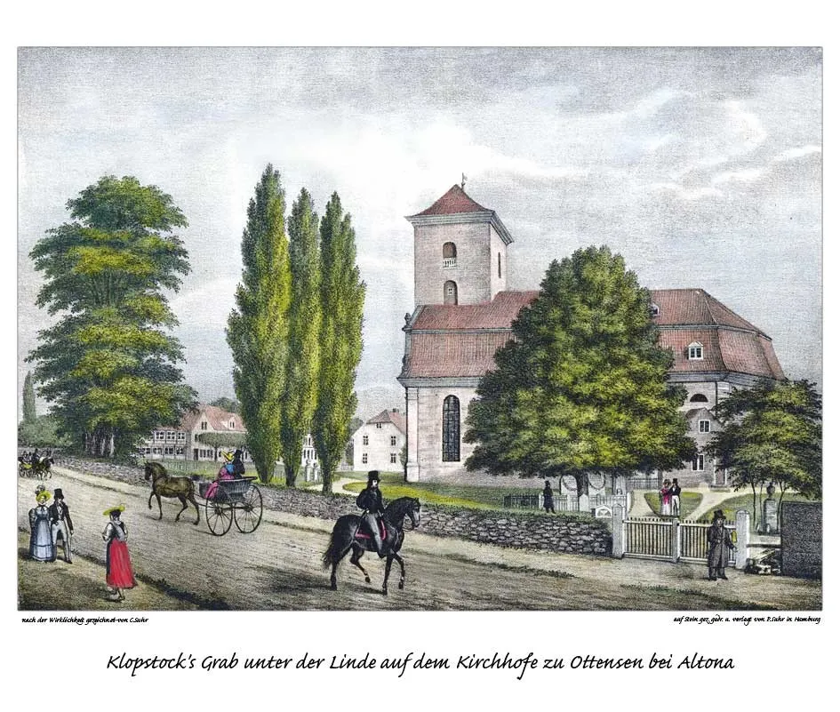 Photo showing: Klopstocks Grab auf dem Kirchhofe zu Ottensen bei Altona, gezeichnet von Christoffer Suhr, Litho von Peter Suhr