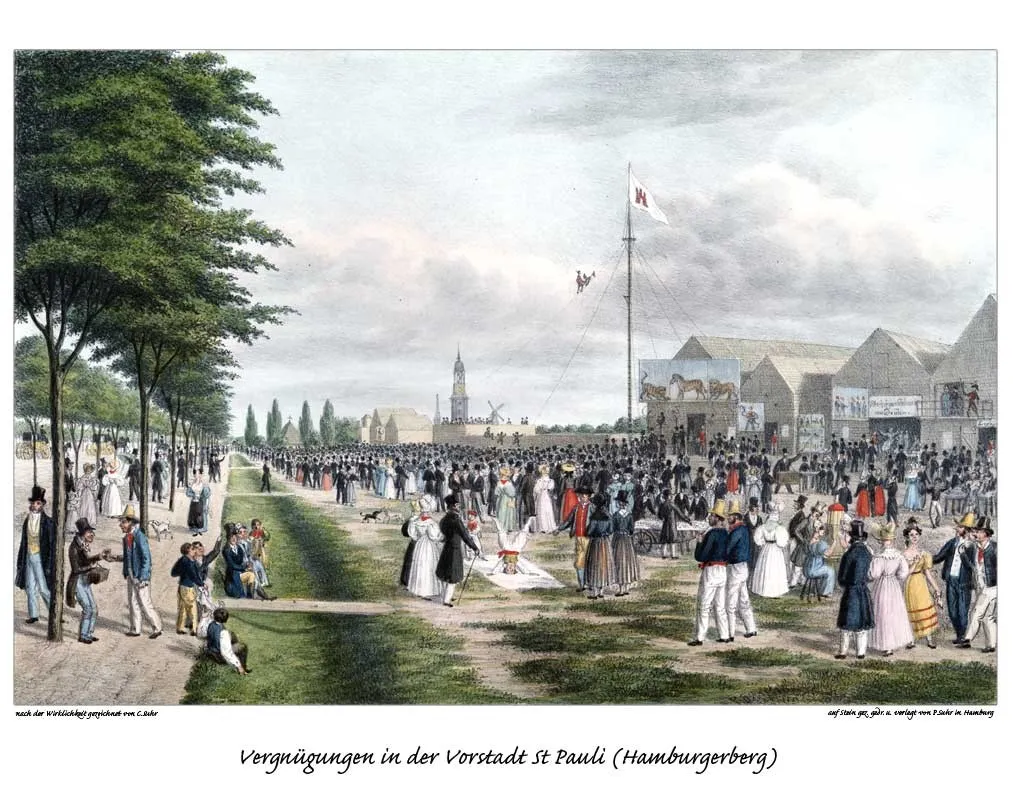 Photo showing: Vergnügungen in der Vorstadt St. Pauli (Hamburgerberg), gezeichnet von Christoffer Suhr, Litho von Peter Suhr