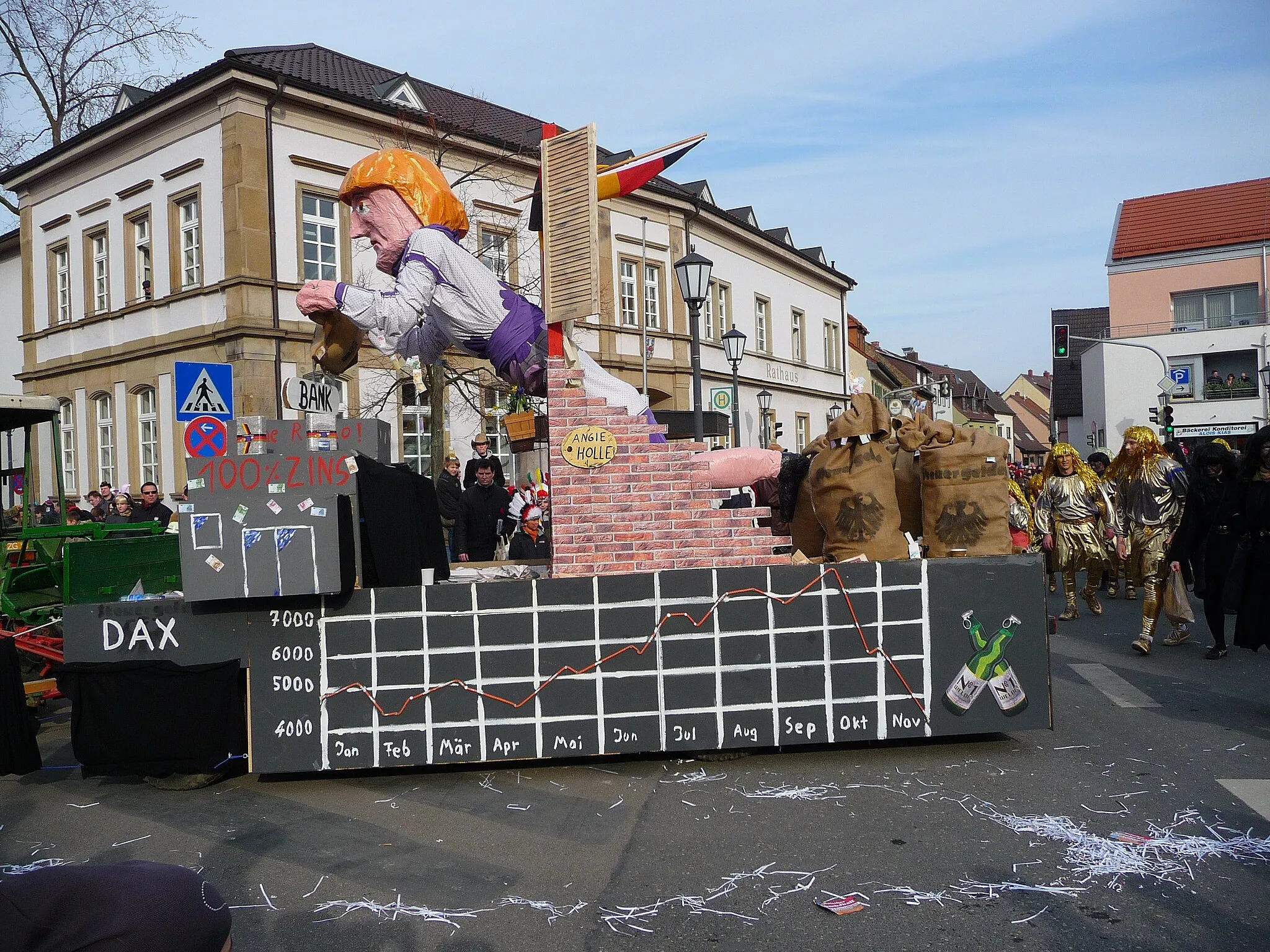 Photo showing: Motivwagen der Landjugend Schwetzingen beim Backenbläserumzug am 15.02.2009 in Plankstadt ("Es war einmal ... Goldmarie und Pechmarie in des Bankenchefs Märchenland")