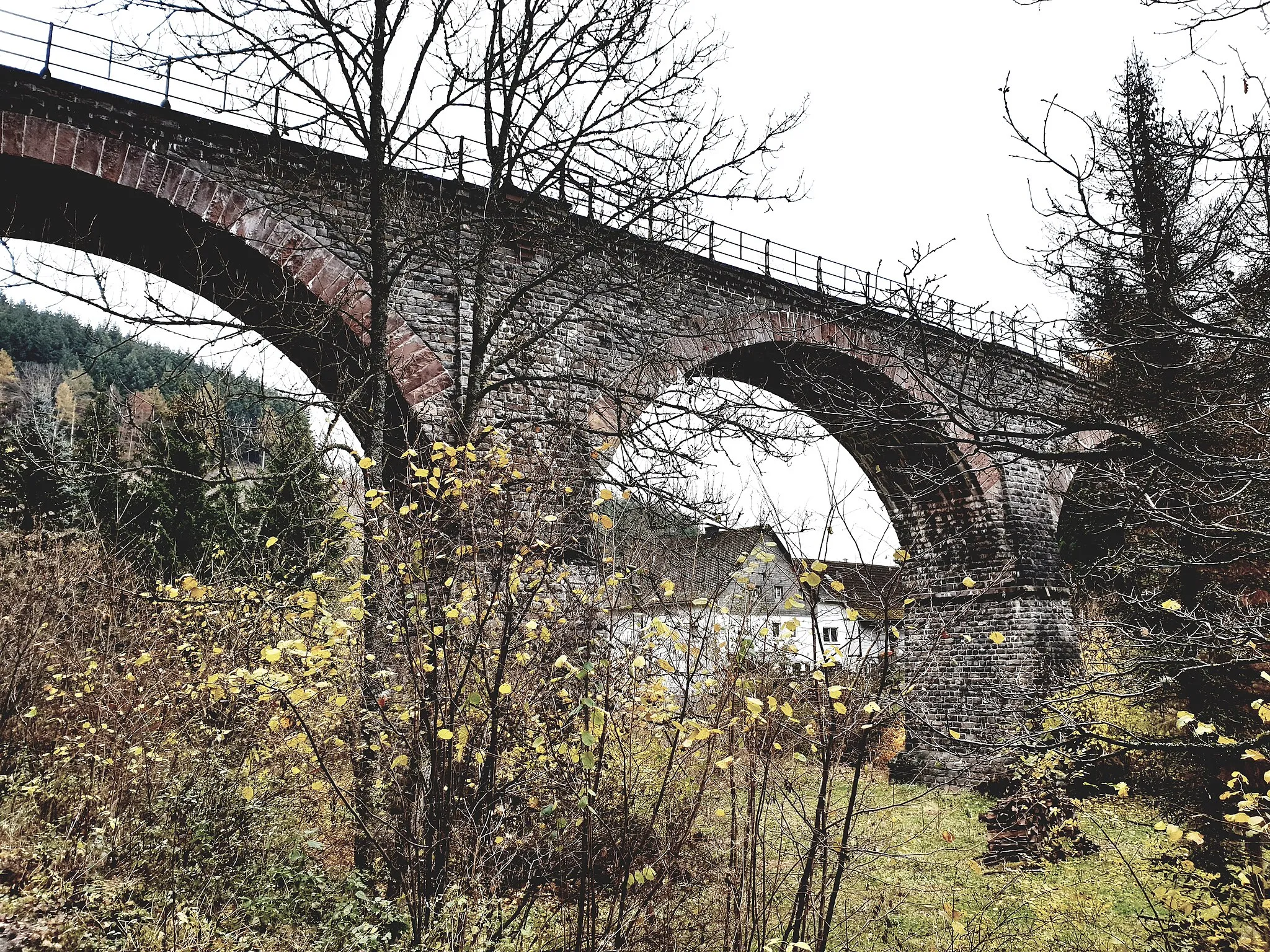 Photo showing: Viadukt von Bromskirchen an der Bahnstrecke Winterberg–Frankenberg über das Linsphertal, dahinter die Unterlinsphermühle