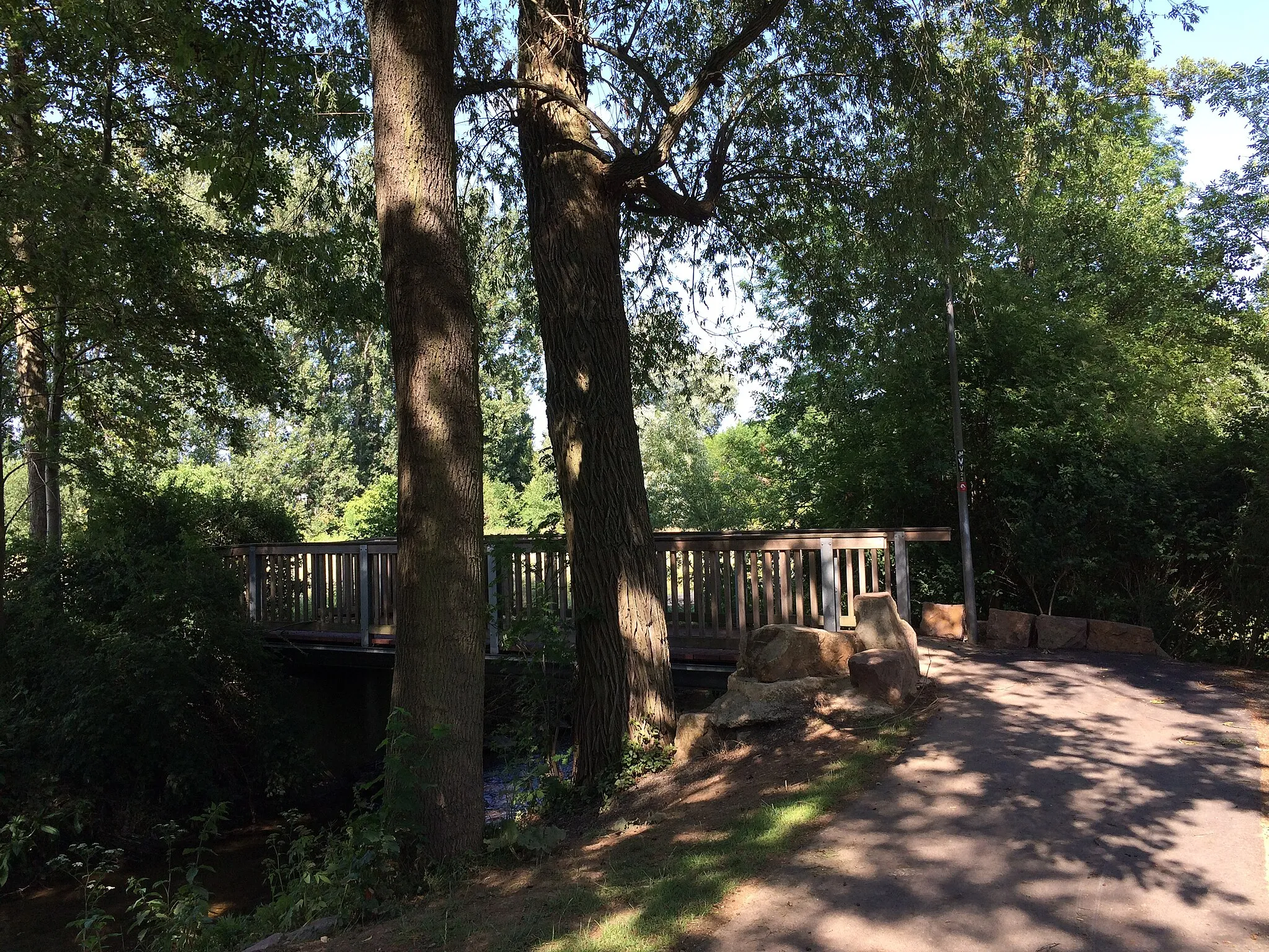 Photo showing: Der Eco Pfad Ahne zwischen den Stationen "Ahnepark" und "Brandgassen Niedervellmar" im Unteren Ahnepark; Holzbrücke über die Ahne