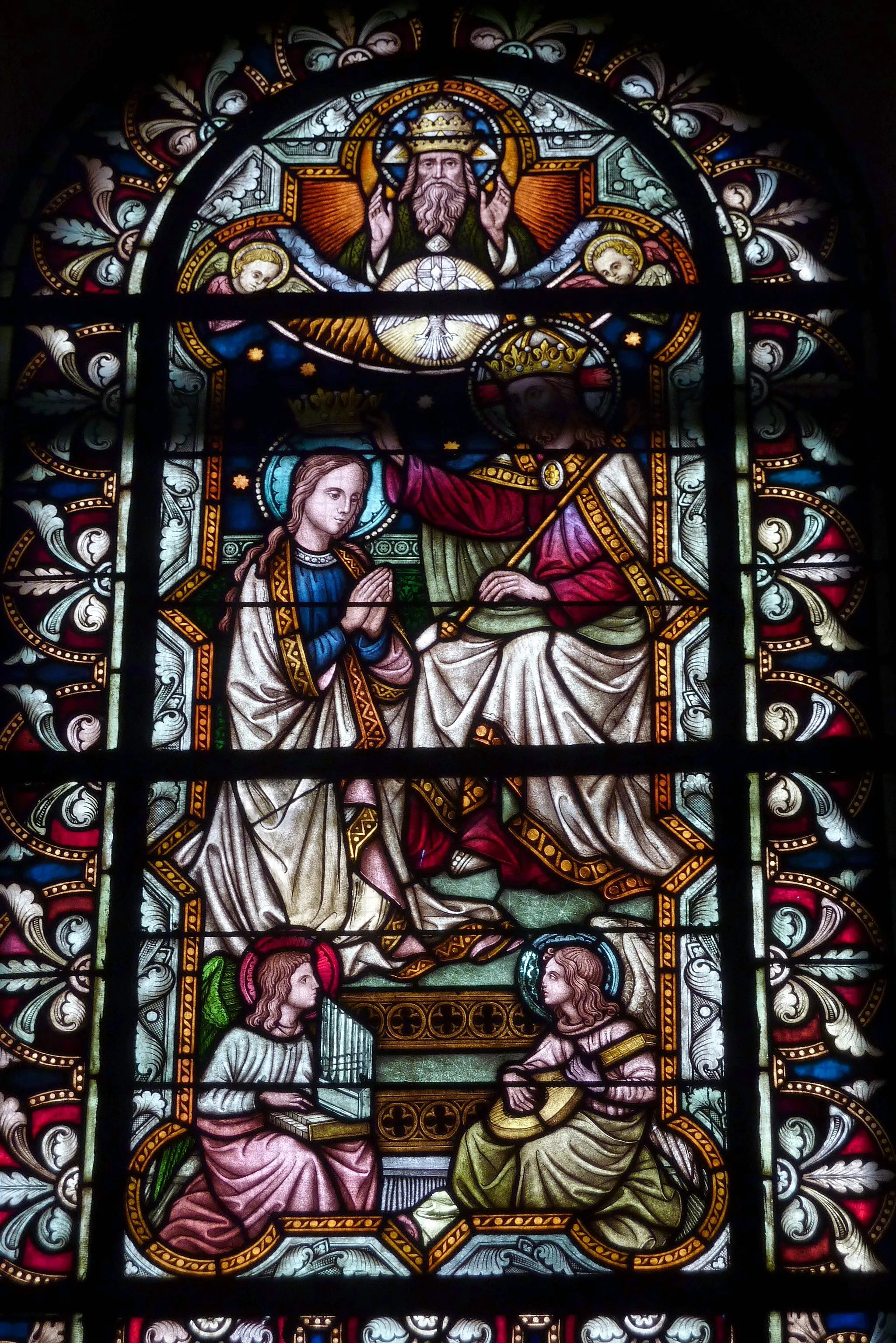 Photo showing: Bleiglasfenster (ausgeführt um 1900 von der Glasmalerei Schneiders und Schmolz in Köln) in der alten Kirche St. Gereon in Berkum, Ausschnitt
