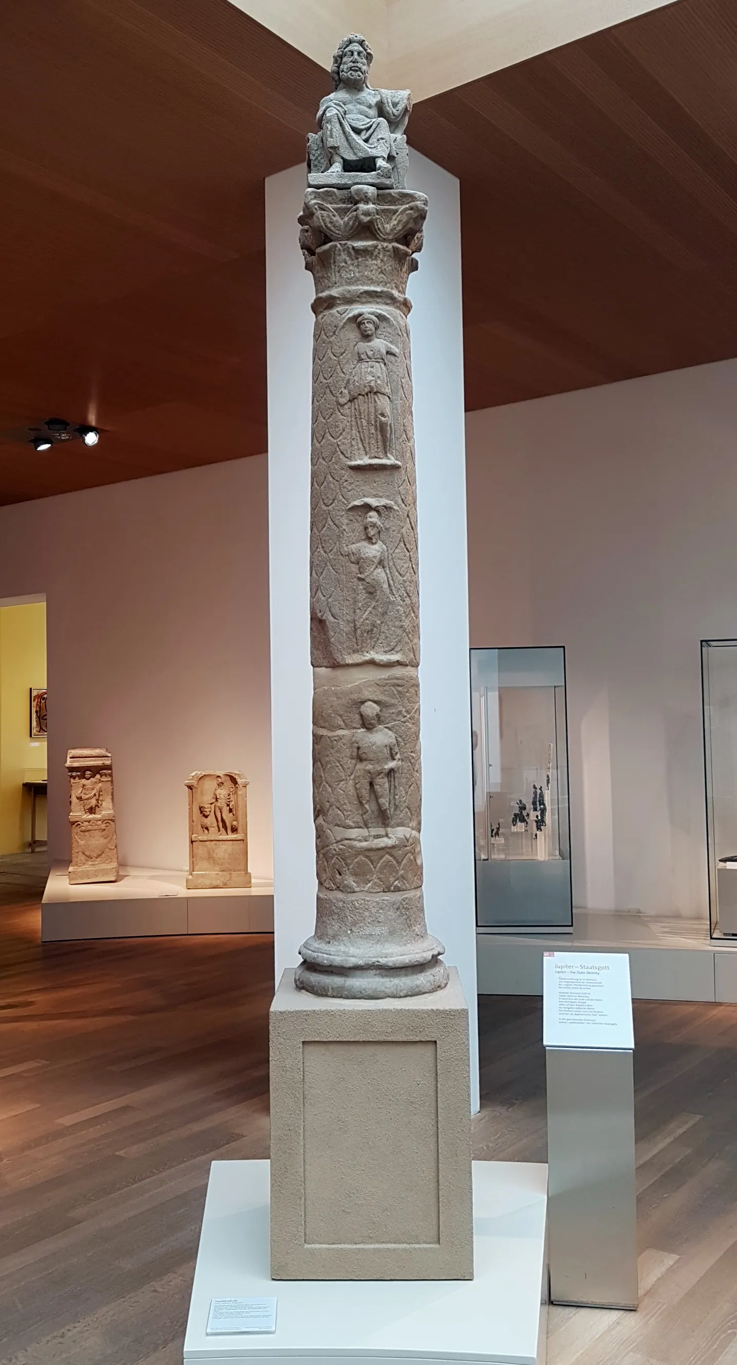 Photo showing: Ancient Roman Jupiter Giant column (late 2nd c. AD) from Erkelenz, near Heinsberg, North-Rhine Westpahalia, Germany, now in the Rheinisches Landesmuseum in Bonn. The statue on top was found in Paulstrasse, Bonn, and was added later to the column.