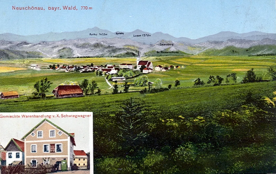 Photo showing: Postcard, dated 14.11.1917. Title: "Neuschönau, Bavarian Forest, 770m - Grocery store of X.Schwiegwagner."