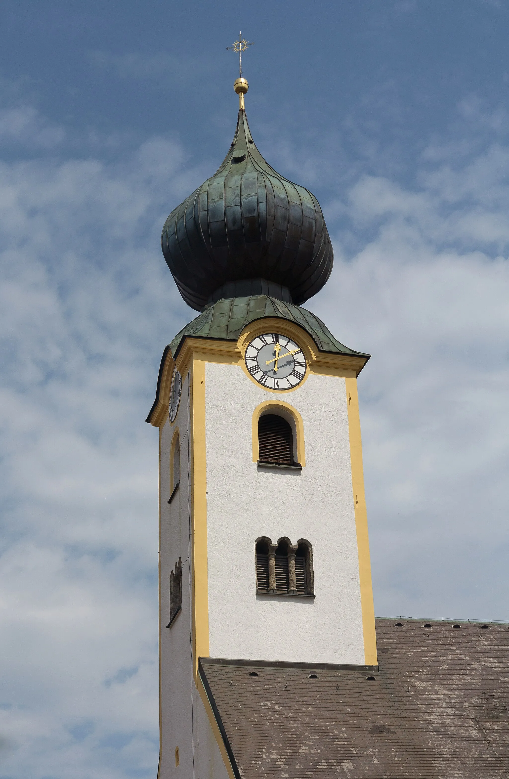 Photo showing: Grassau, churchtower:die Katholische Pfarrkirche Mariae Himmelfahrt