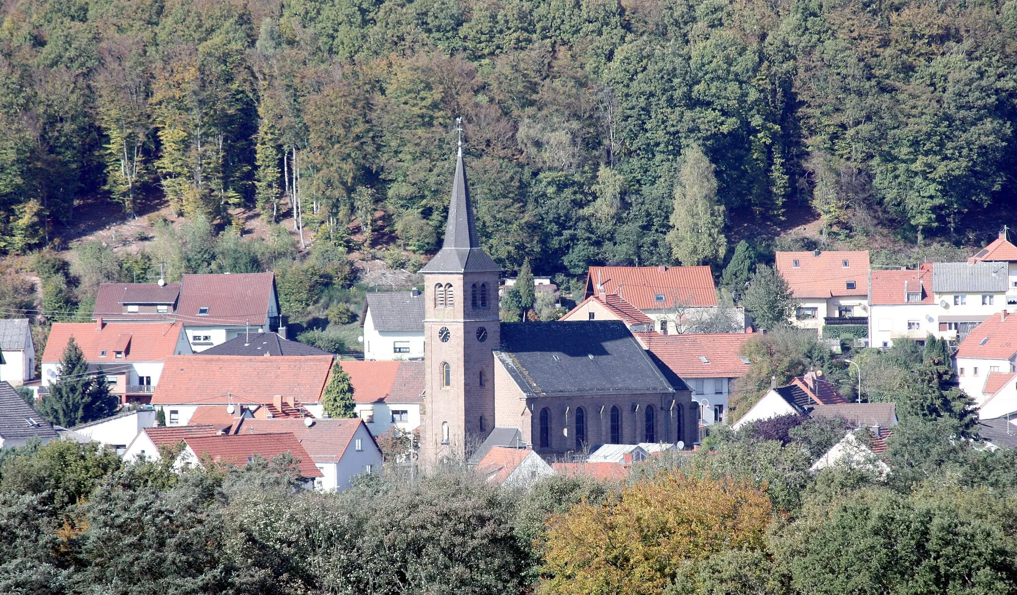 Photo showing: Ortskern von Namborn mit der Kirche Mariä Himmelfahrt. Blick von der Liebenburg aus.