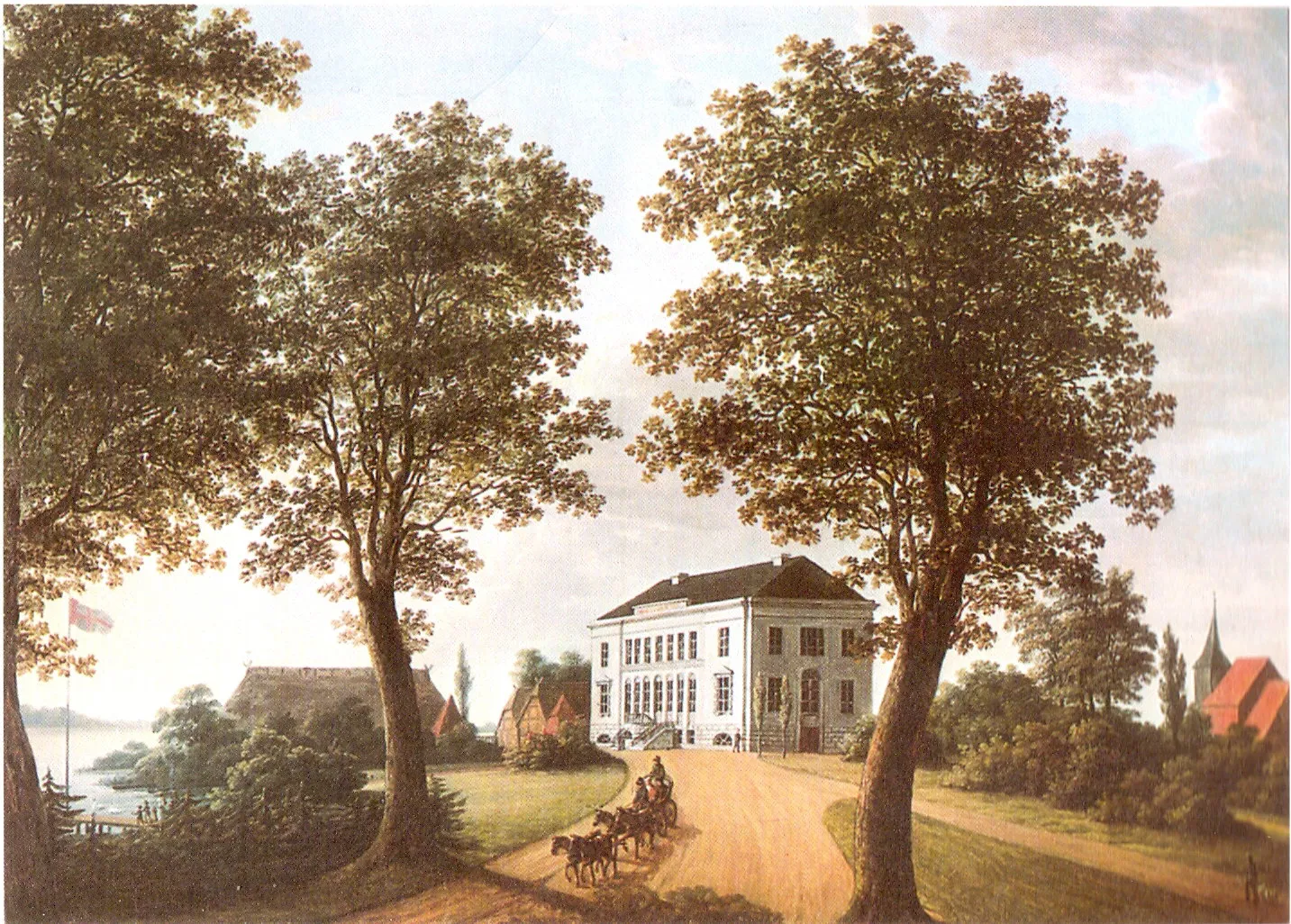 Photo showing: Gudow manor ca. 1830, built by architect J.L. Lillie in 1826. Painting oil on canvas by unknown artist. On the right edge mediaeval St. Mary's in Gudow.