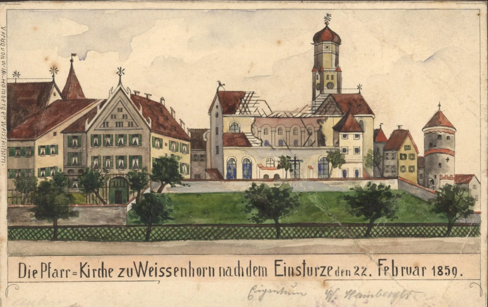 Photo showing: The church of Weißenhorn after the collapse on 22 February 1859