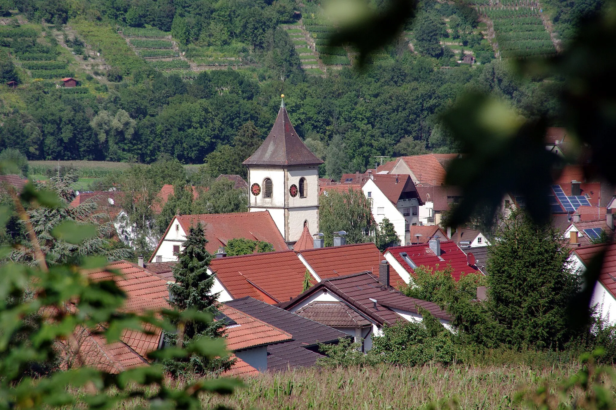 Photo showing: Blick vom Friedhof auf den Ortskern von Unterriexingen mit der evangelischen Pfarrkirche. Im Hintergrund die Unterriexinger Weinberge über der Enz.