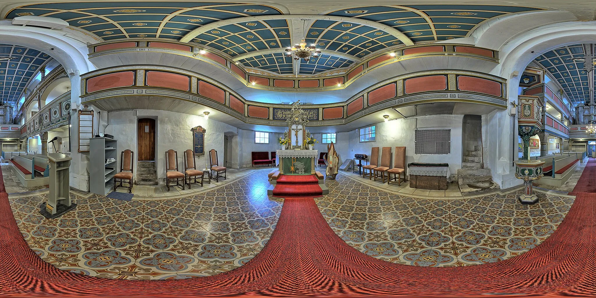 Photo showing: Bad Liebenstein/Thuringia, part of the town Schweina, St. Laurentius 2023: 360°×180° panorama of the interior seen from the choir;