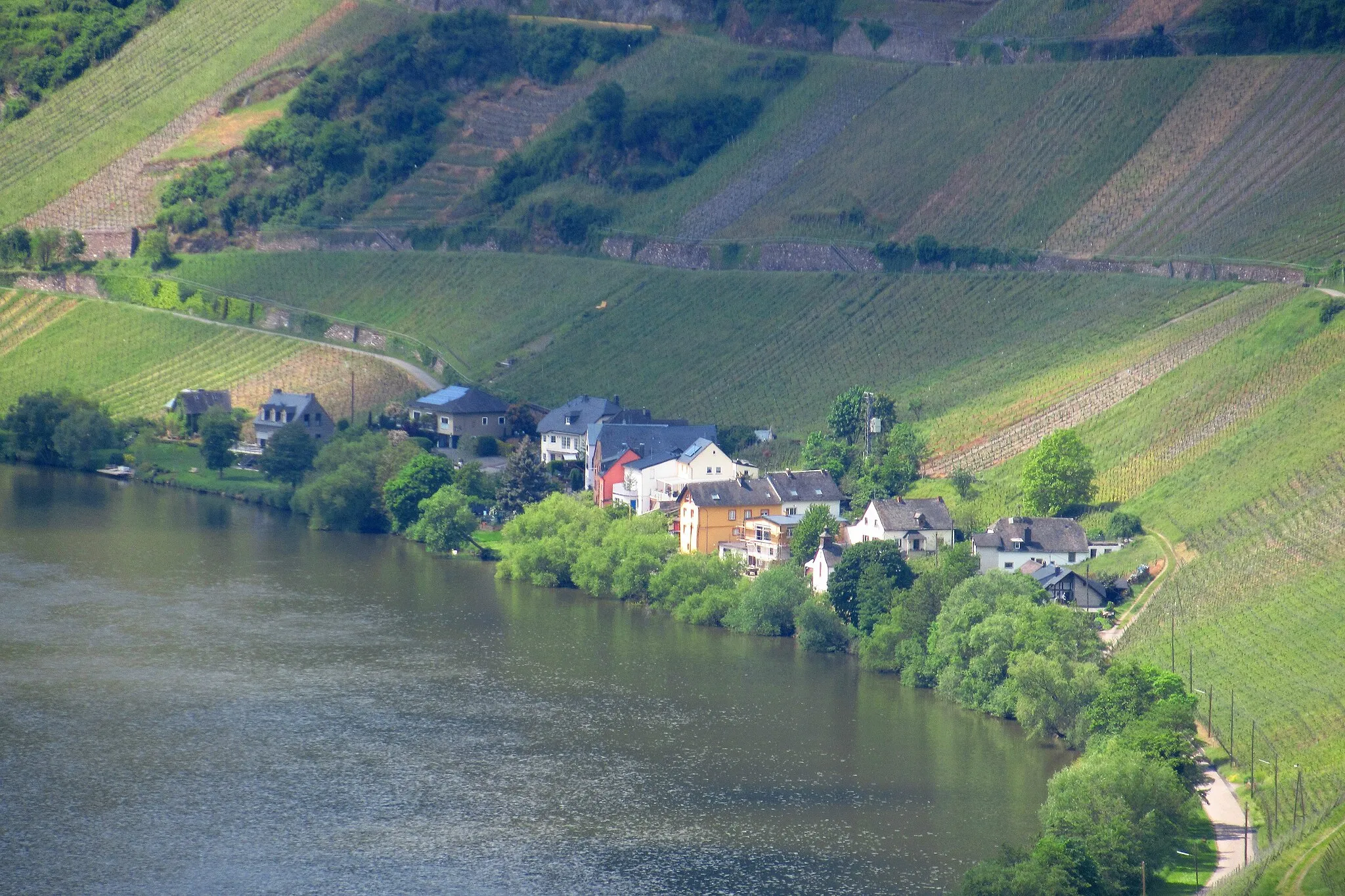 Photo showing: Blick vom Aussichtspunkt "Ober der Michelskirch" an der K52 (Panoramastrasse) auf die Ortschaft Ferres in der Gemeinde Piesport