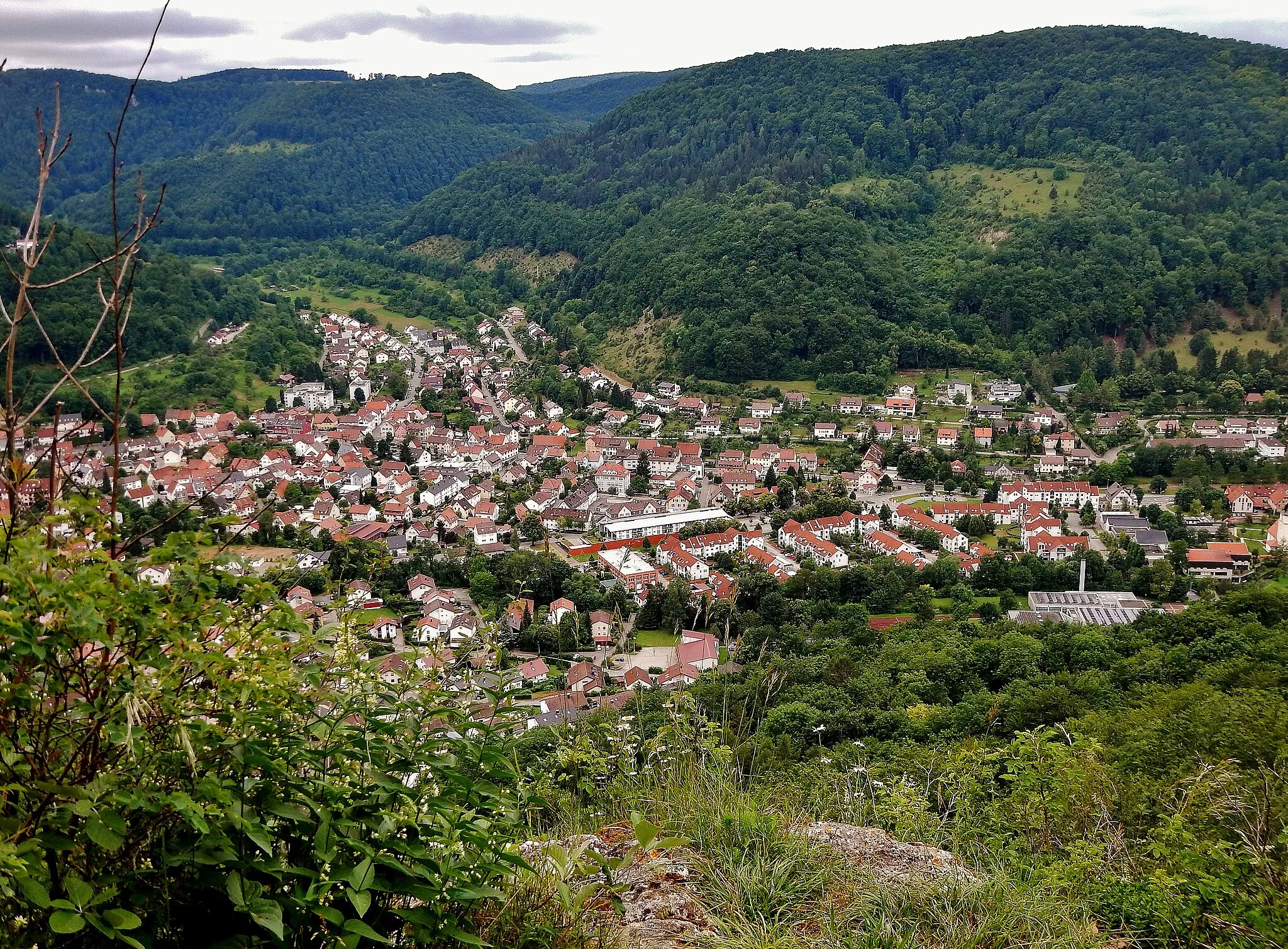 Photo showing: Ausblick vom Burgstein, 744 m. ü. NN - Schwäbische-Alb-Nordrand-Weg (Hauptwanderweg 1, HW 1), Albsteig: Blick auf Lichtenstein.