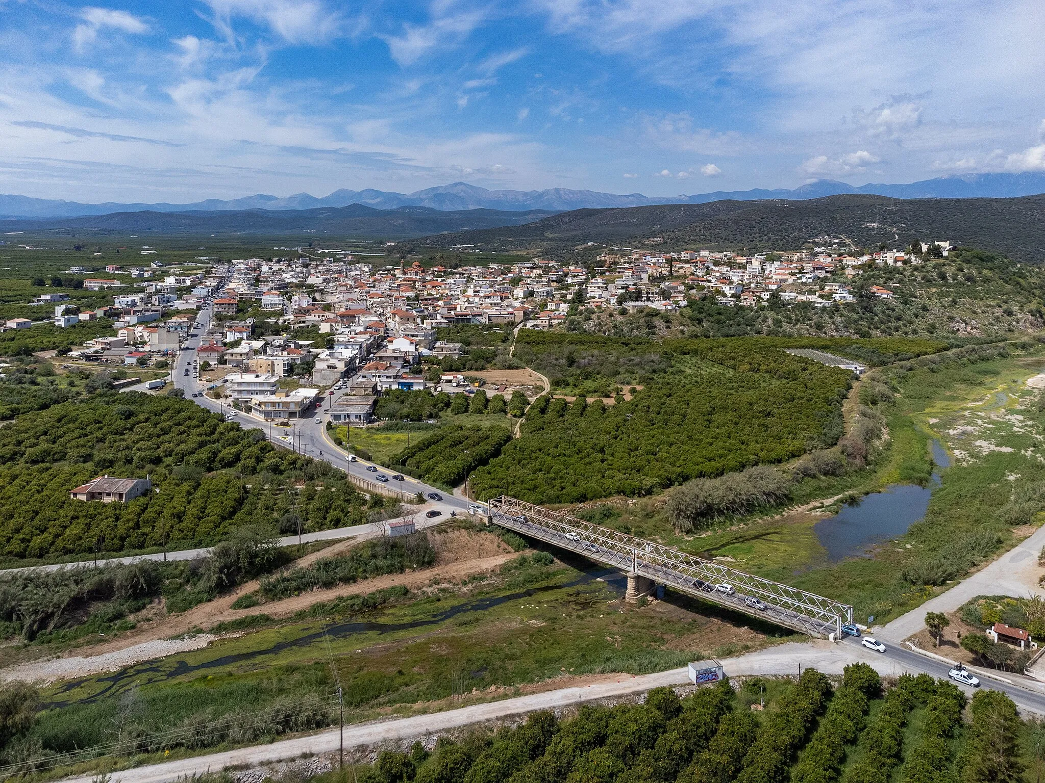 Photo showing: Airview of Skala, Laconia, with Evrotas river at the foreground.