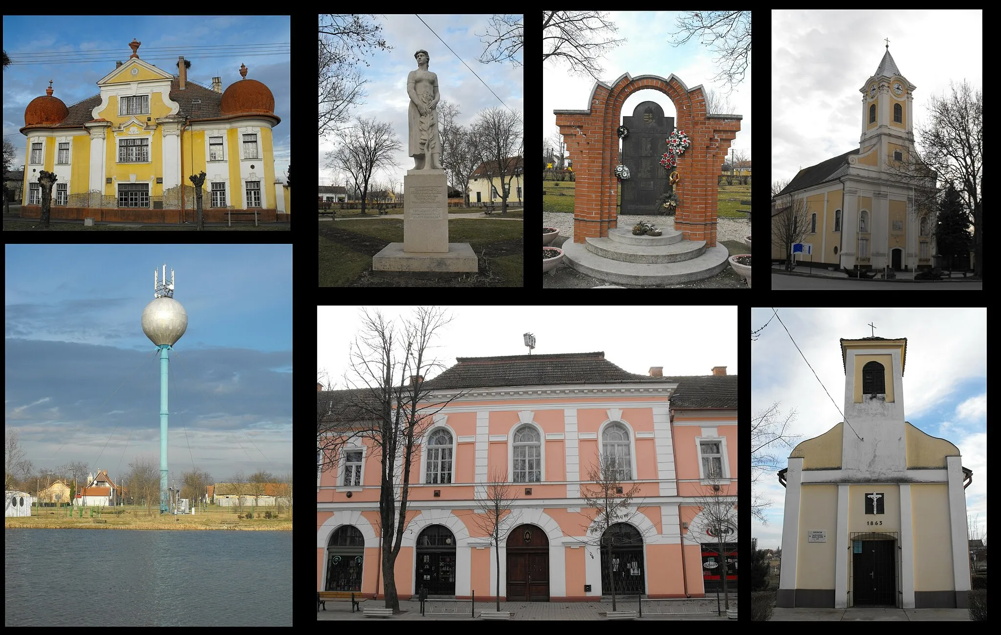 Photo showing: Montage with images of Csanádpalota, town in Southern Great Plain, Hungary. All of the photos appearing in the montage are my own works.
