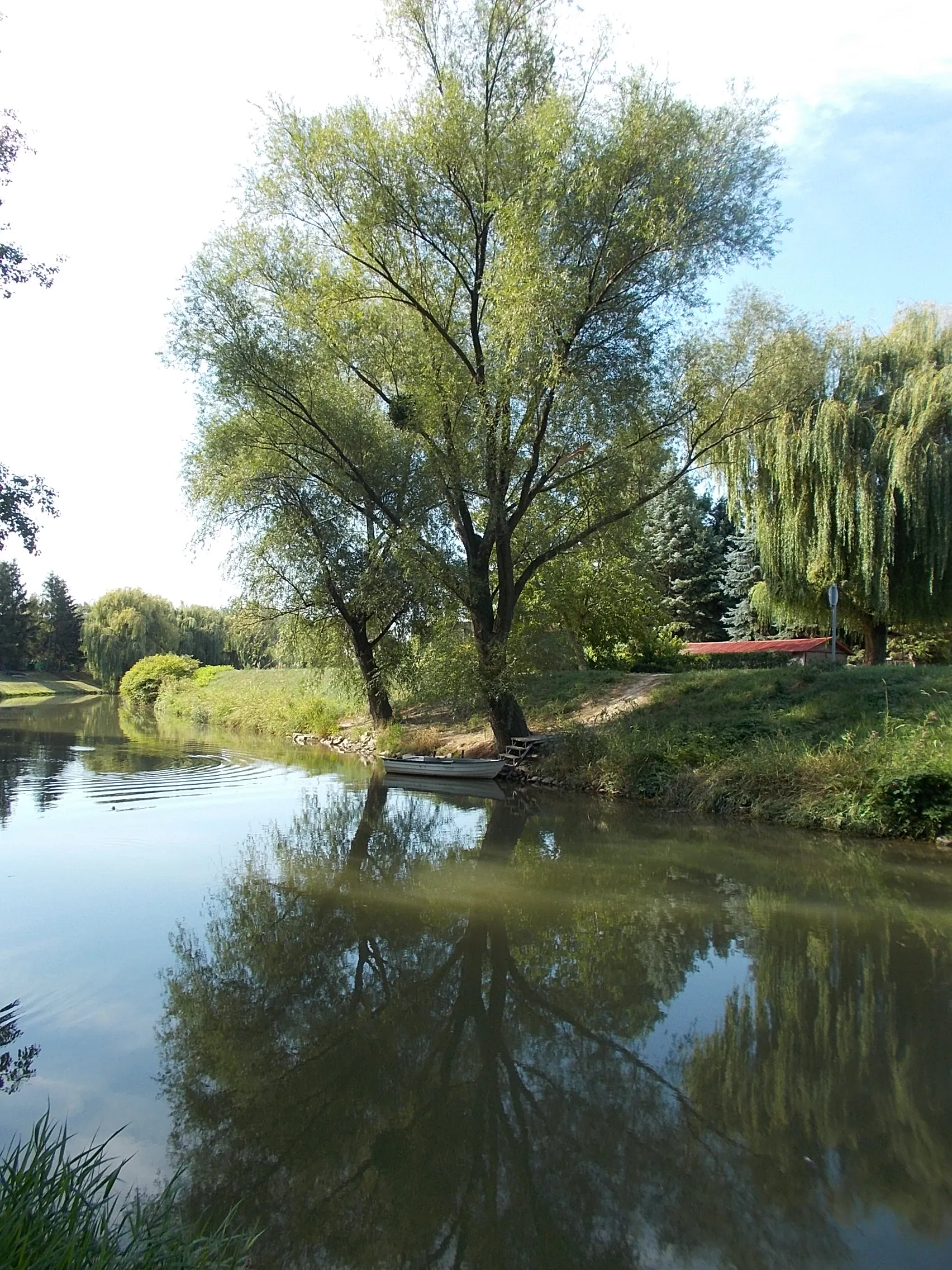 Photo showing: : Leitha close to Triangle chapel looking toward southwest. Opposite the Lucsony district former separate village now part of the city. - Near by Halászi Street, Magyaróvár neighborhood, Mosonmagyaróvár, Győr-Moson-Sopron County, Hungary.