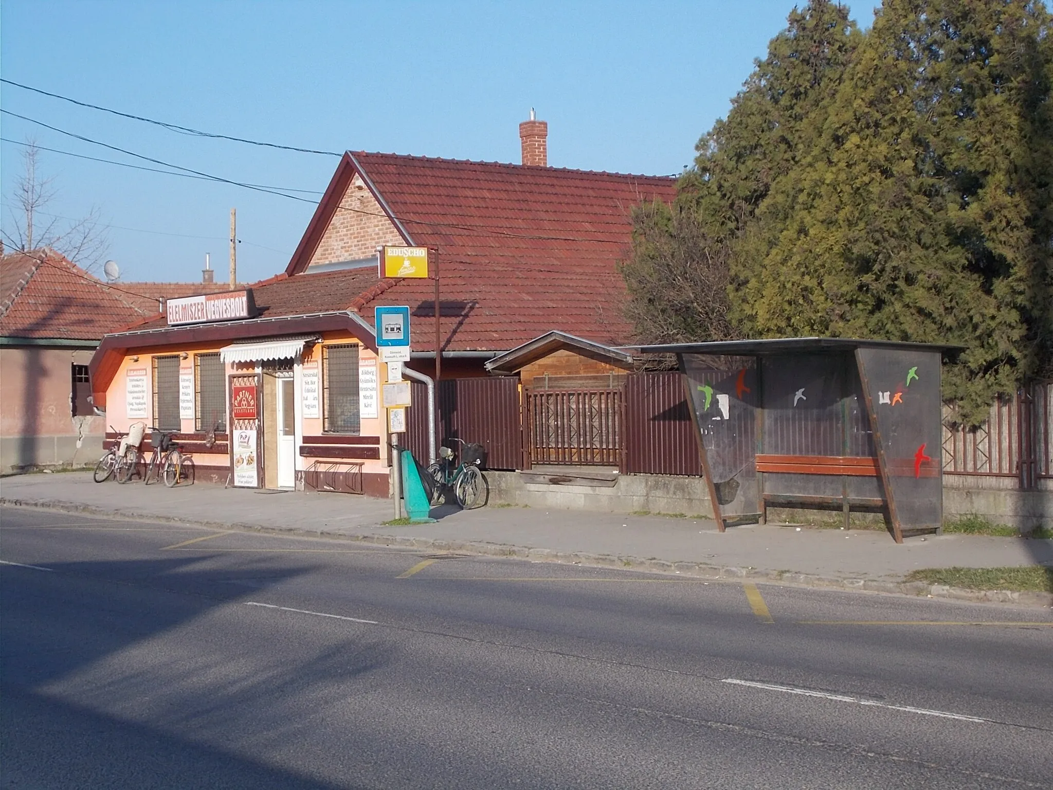 Photo showing: 'Dömsöd, Kossuth Lajos utca 9.' bus shelter and general store - Kossuth Lajos Street (Highway 51), Dömsöd, Pest County, Hungary.