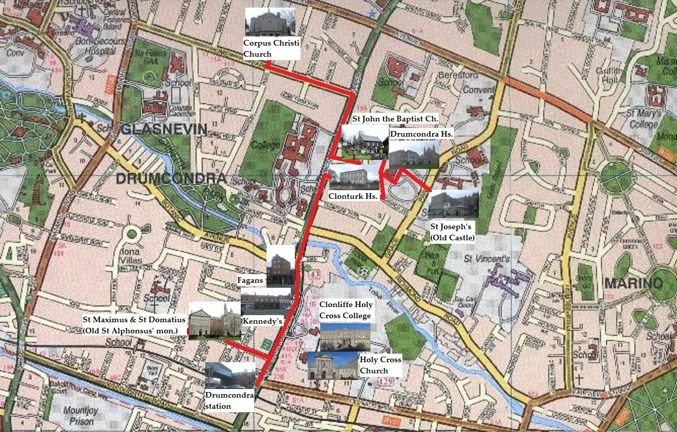 Photo showing: Map with monuments in Drumcondra, Dublin City (Ireland), including the Holy Cross College in Clonliffe.