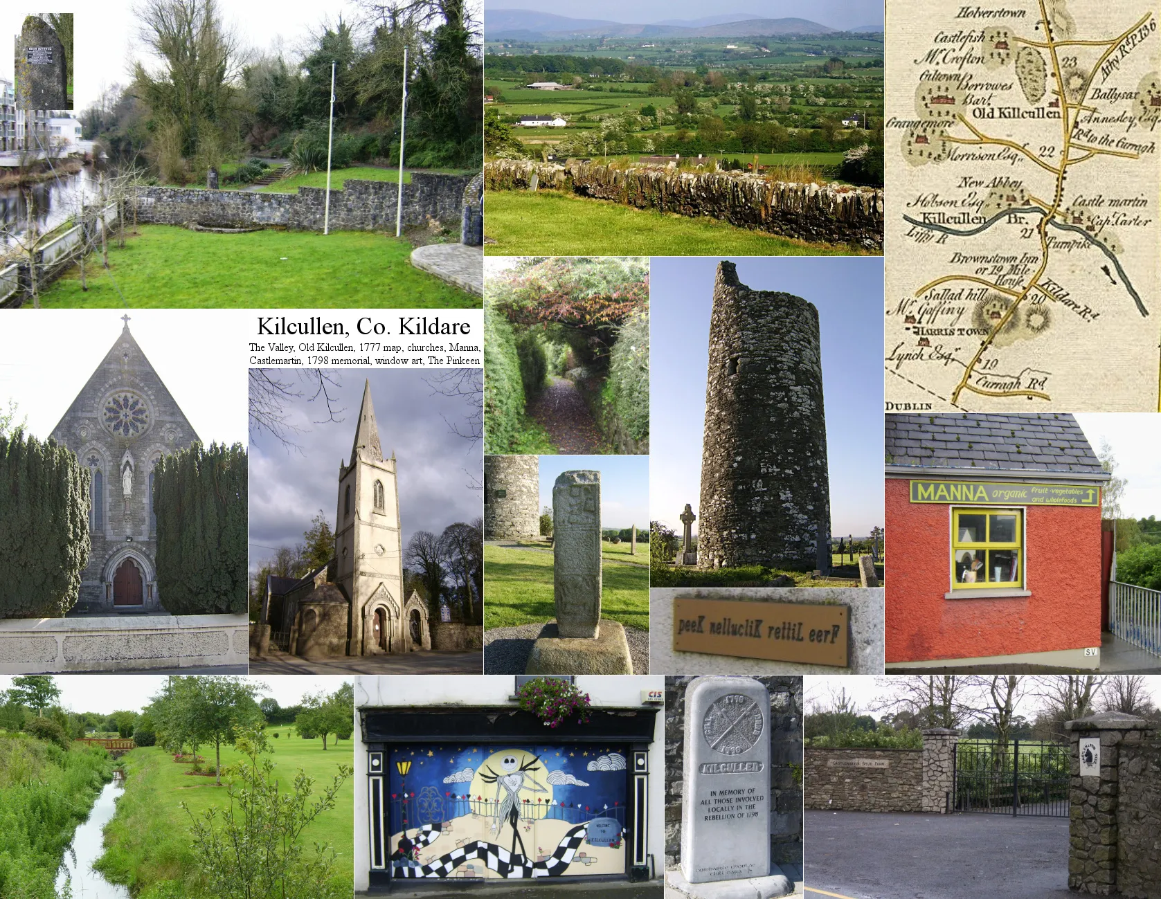 Photo showing: Postcard of Kilcullen (officially Kilcullen Bridge), Co. Kildare, Ireland, with images of The Valley Community Park and R. Liffey, a view from Old Kilcullen, the relevant part of Ireland's first set of road maps, one each of the local Roman Catholic and Church of Ireland churches, a remnant of a High Cross, and the ruins of the Round Tower at Old Kilcullen, the Pinkeen Stream, the 1798 memorial near the town bridge, the gates of Castlemartin Stud, and other local scenes.