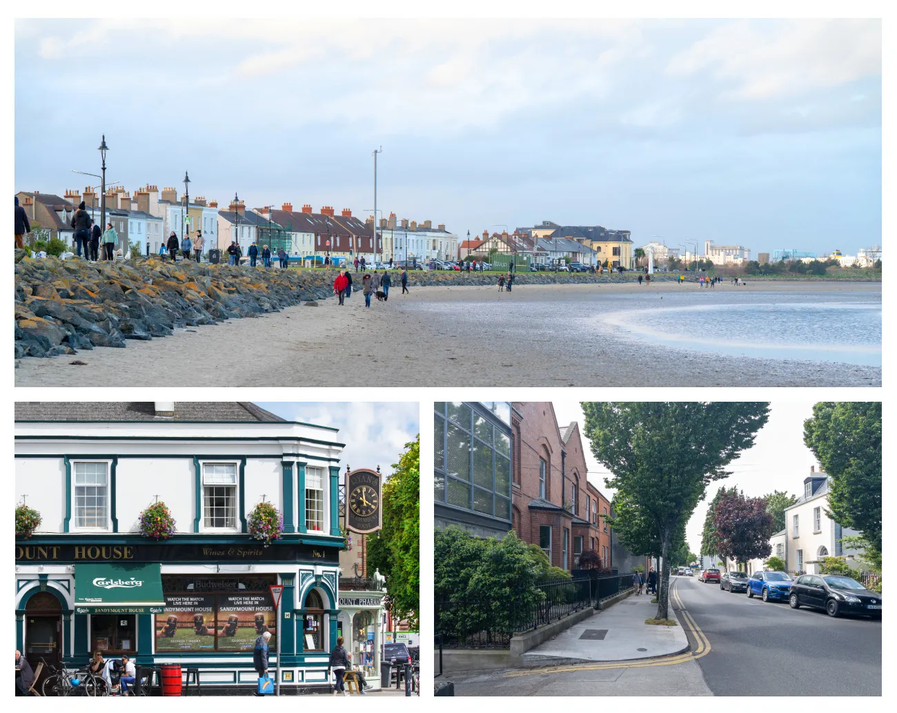 Photo showing: Clockwise from top: Sandymount Strand; a residential street in Sandymount; Ryan's Sandymount House pub