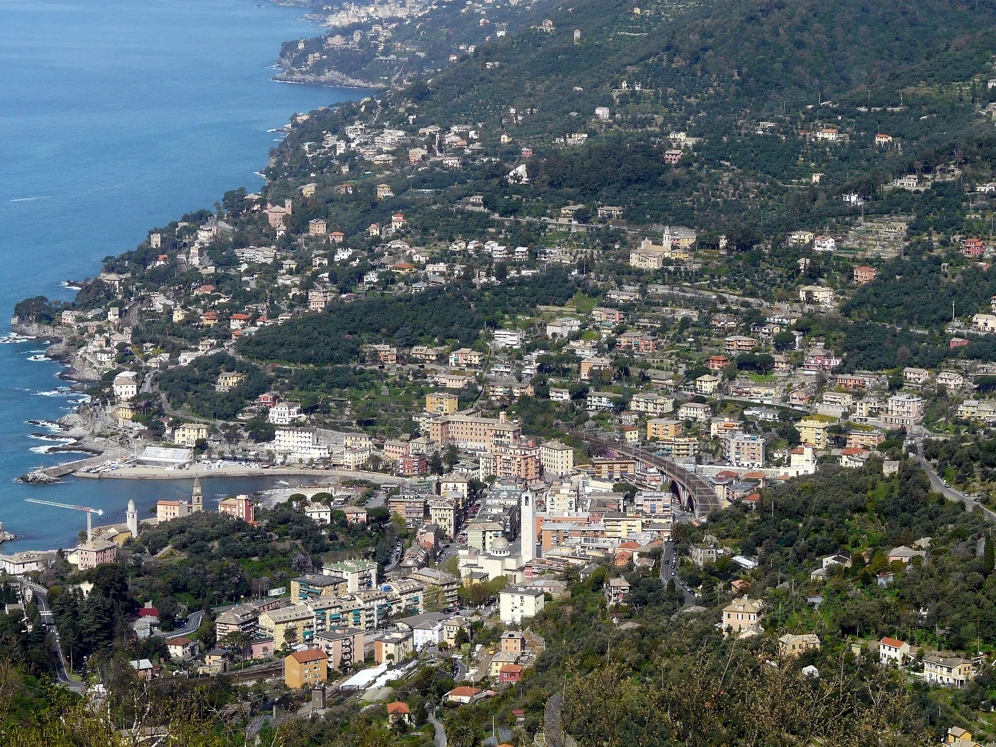 Photo showing: Panorama di Recco dal percorso verso il santuario della Madonna di Caravaggio (Rapallo), Liguria, Italia