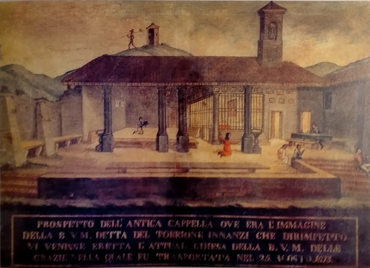 Photo showing: 16th century painting by an unknown artist that reproduces the portico which protected the votive image originally placed on the walls of Crema and subsequently moved to the sanctuary "Madonna delle Grazie"