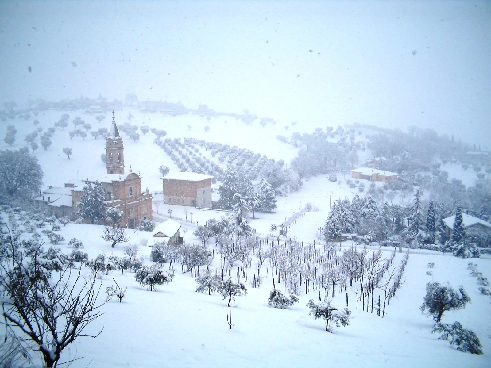 Photo showing: Vista della campagna di Ostra e del Santuario della Madonna della Rosa sotto la neve.