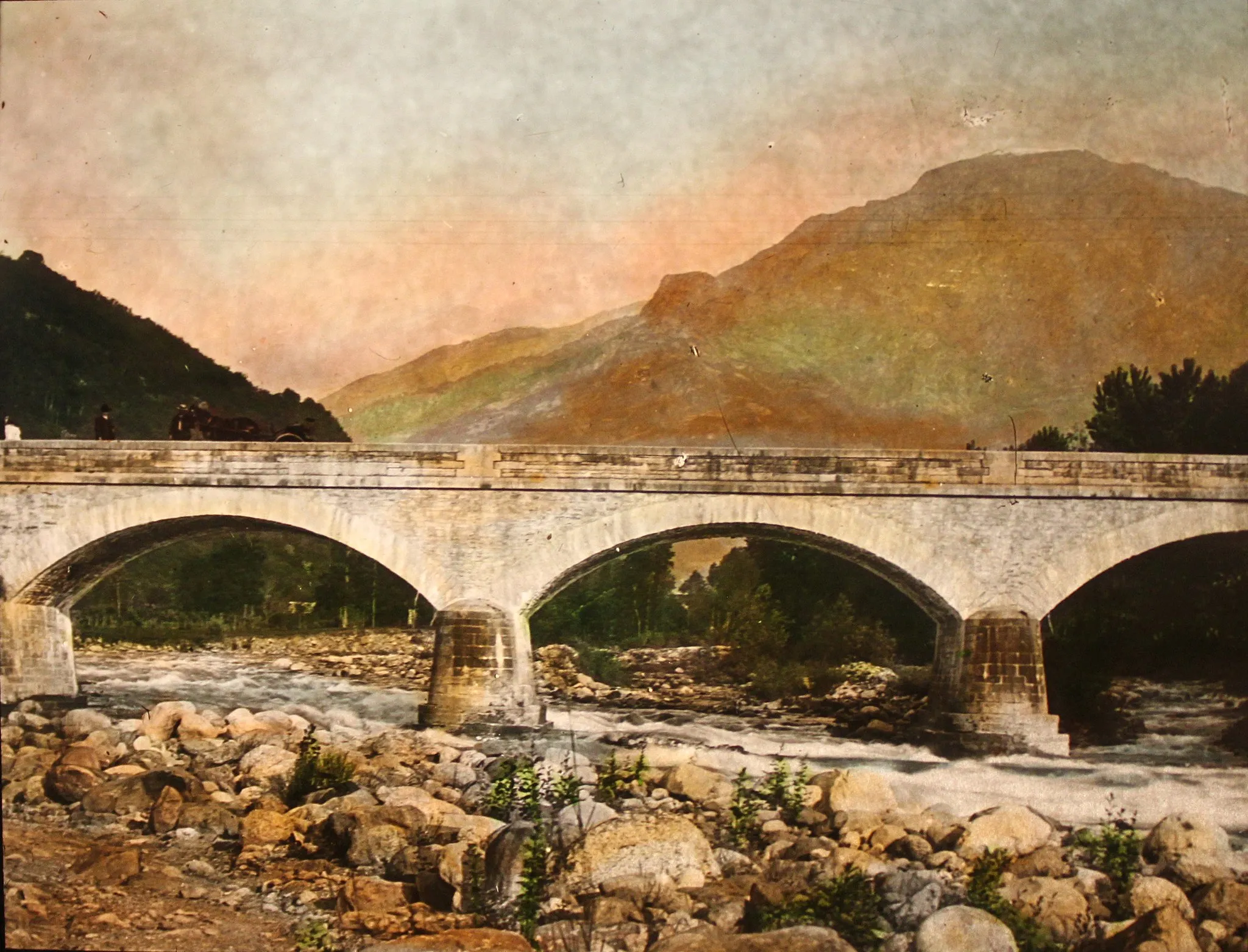 Photo showing: In the Waldensian Valleys, Italy. @1895.  Keystone Glass Slide. L-1446 - Bridge over Paillichee (Pellice River)