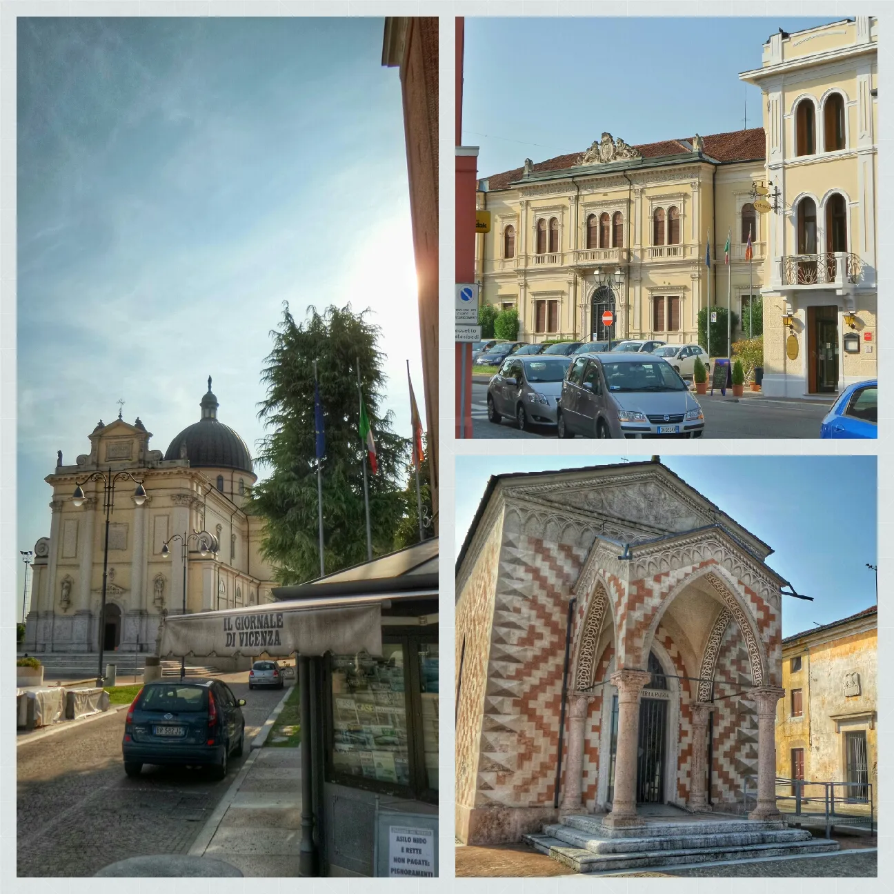 Photo showing: Collage di piazza Santi Filippo e Giacomo, municipio e tempietto di Sandrigo