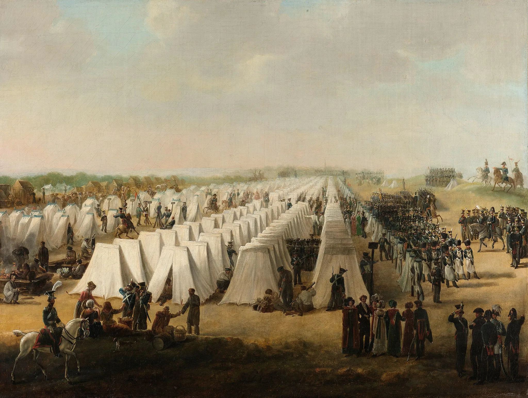 Photo showing: Legerkamp van Nederlandse troepen te Rijen, in of na de Tiendaagse Veldtocht in 1831. Lange rijen witte tenten, rechts marcherende soldaten, op de voorgrond enkele bezoekers.