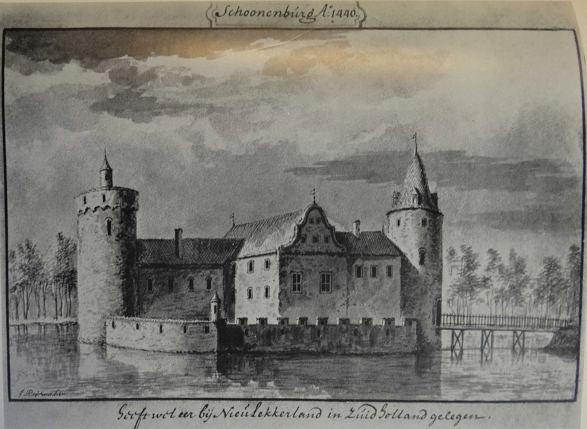 Photo showing: 18e eeuwse prent van het omstreeks 1450 verwoeste kasteel Schoonenburg gelegen op de Schoonenburger heuvel op de grens van Nieuw-Lekkerland en Streefkerk, of de afbeelding historisch correct is wordt betwijfeld