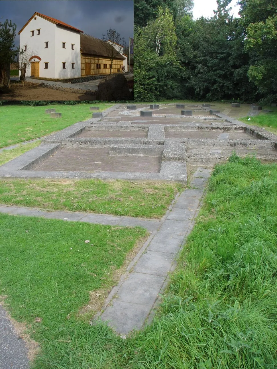 Photo showing: Restored foundations of houses of the Cannanefates at Tubasingel, Rijswijk, South Holland, The Netherlands. Inset: Reconstruction at Museum Archeon, Alphen aan den Rijn, The Netherlands