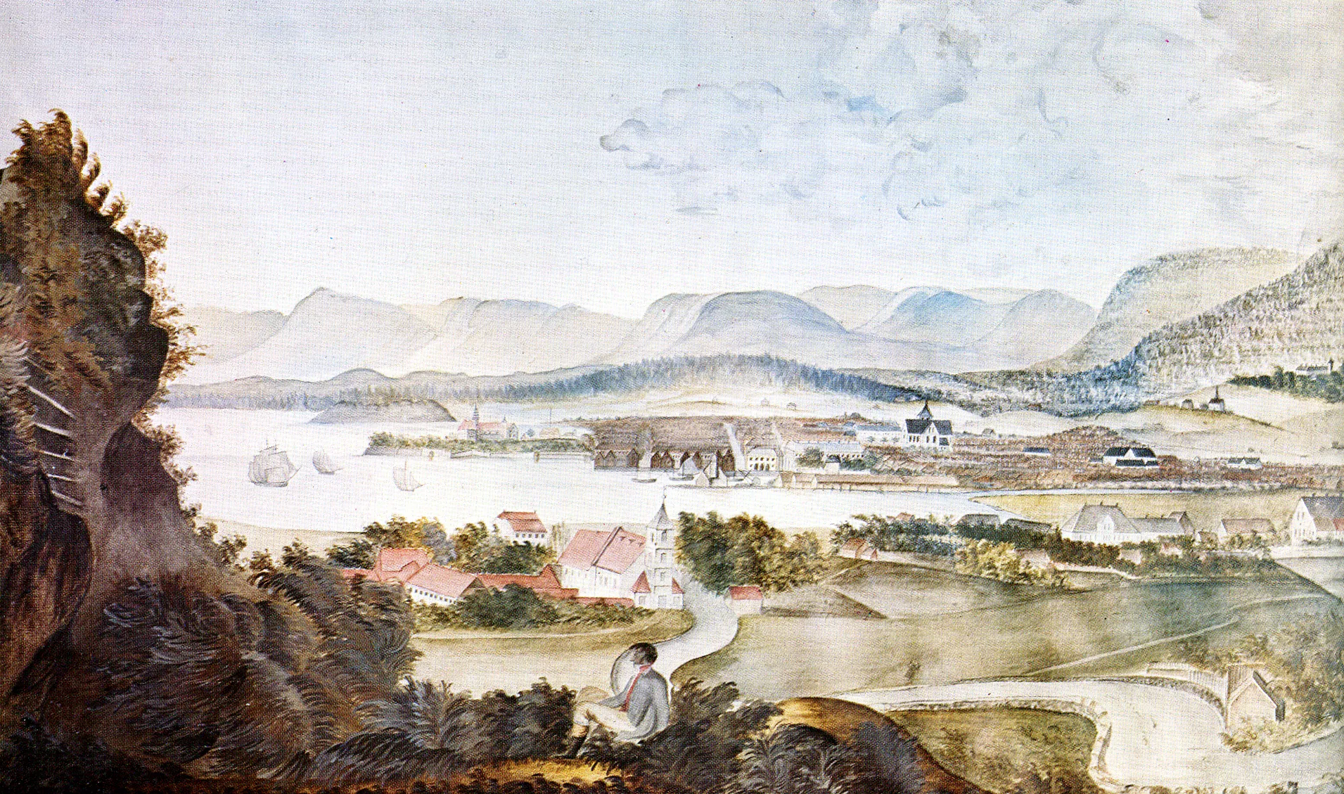 Photo showing: Painting dated July 19, 1814, of Christiania (now Oslo) from Ekeberg. Prominent houses are exaggerated for visibility, as are the surrounding hills.