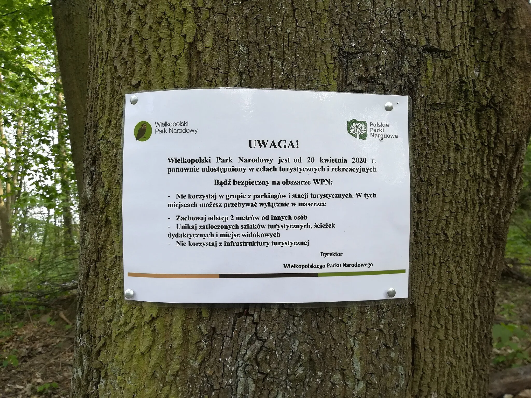 Photo showing: Informacja o pandemii COVID-19 w Wielkopolskim Parku Narodowym.