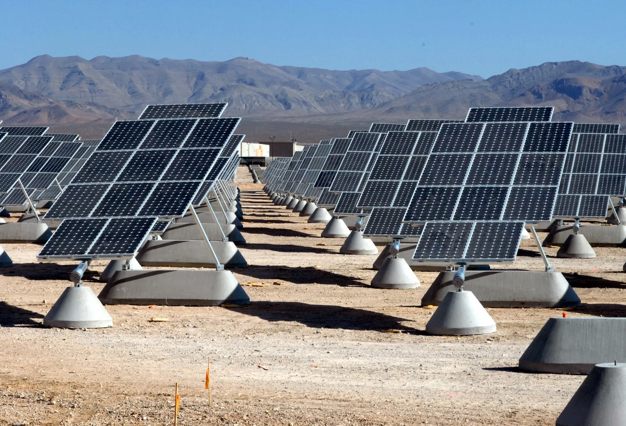 Photo showing: The largest photovoltaic solar power plant in the United States is becoming a reality at Nellis Air Force Base. When completed in December, the solar arrays will produce 15 megawatts of power