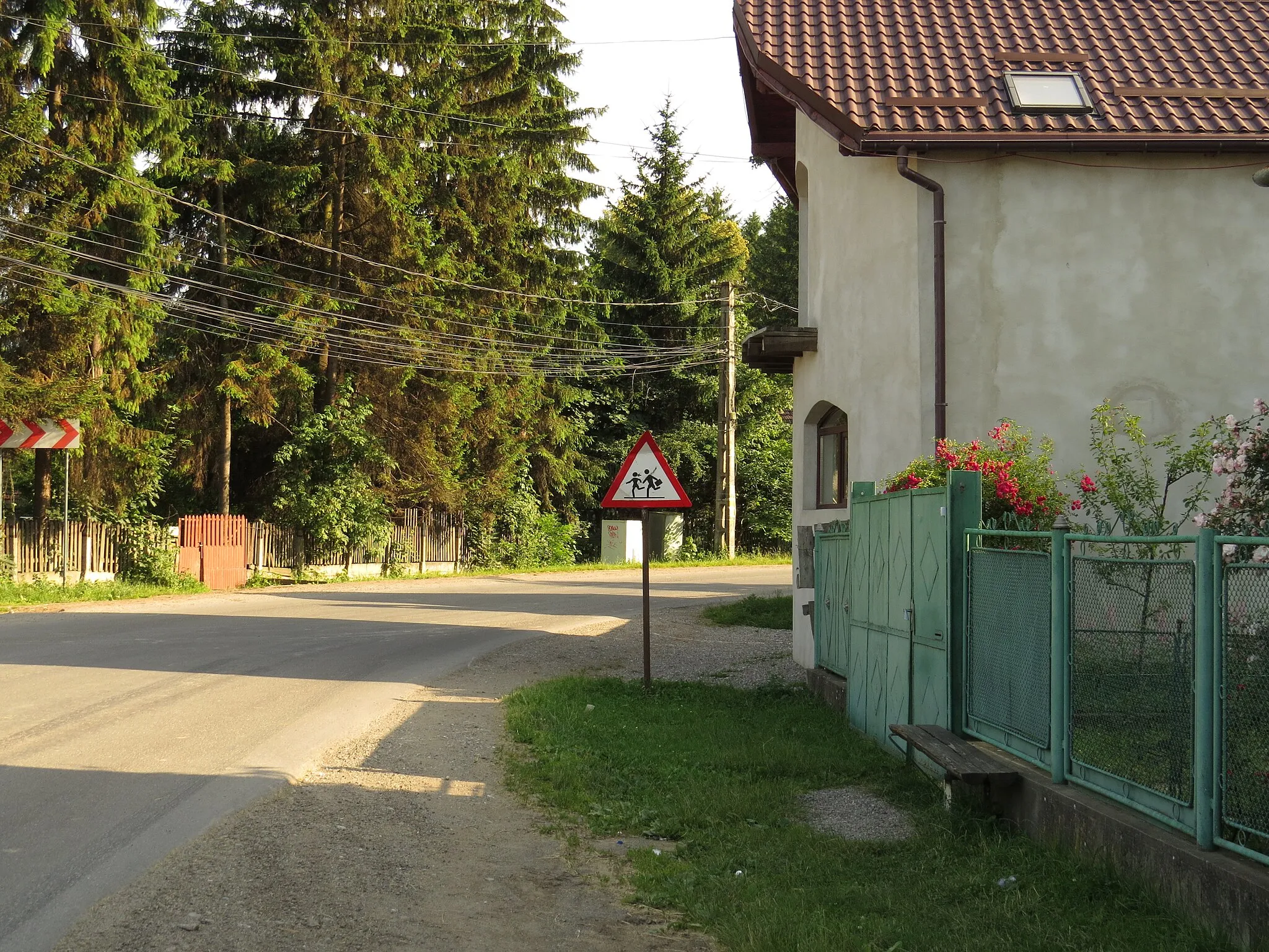 Photo showing: This is an example of a local attempt to reproduce the standard Romanian sign, but note that the girl leads, she is not carrying a handbag, and there is a line symbolizing the ground.