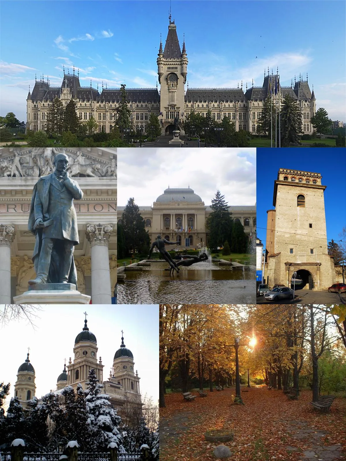 Photo showing: Top to bottom (left to right): (top row) Palace of Culture; (middle row) Vasile Alecsandri Statue in front of the National Theatre, "Alexandru Ioan Cuza" University, Golia Tower; (bottom row) Metropolitan Cathedral, Botanical Garden