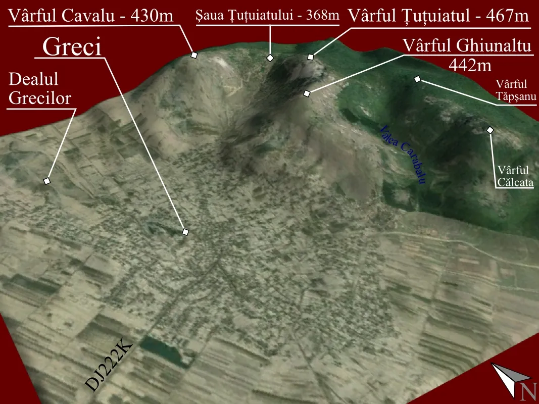 Photo showing: Prelucrare 3D pentru Greci, Tulcea - Romania. Imagine realizata cu date SRTM furnizate liber de NASA si textura World Imagery.