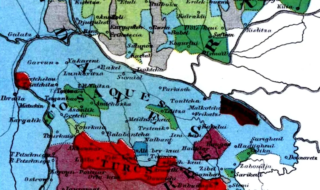 Photo showing: Ethnographic map of Northern Dobruja, 1861, crop of Image:Balkans-ethnic (1861).jpg