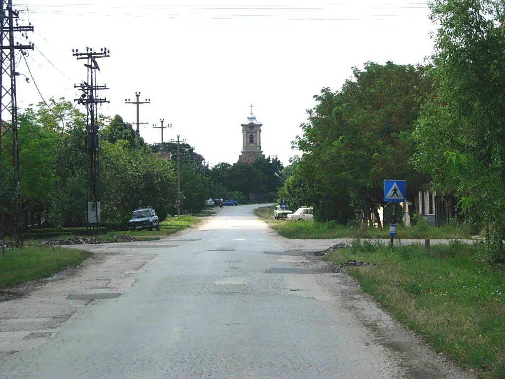 Photo showing: The main street and the Dedication of Saint Mary Major Catholic Church in Padej.