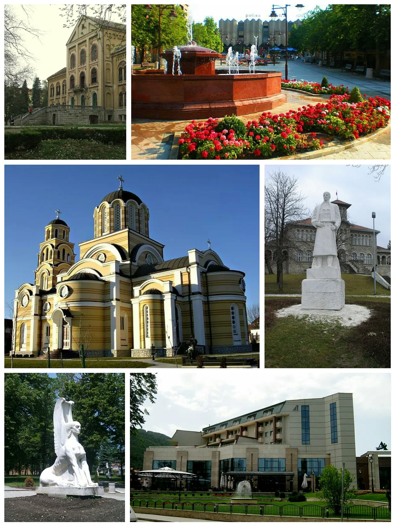 Photo showing: Aranđelovac- photomontage (Prince Mihailo's summer residence, The Main Square in Aranđelovac, Orthodox Church of the Holy Apostles Peter and Paul in Aranđelovac, Monument of Karađorđe in front of school in Orašac near Aranđelovac, Monument of sphinx in the park of Bukovička Banja Spa, Hotel ,,Source")