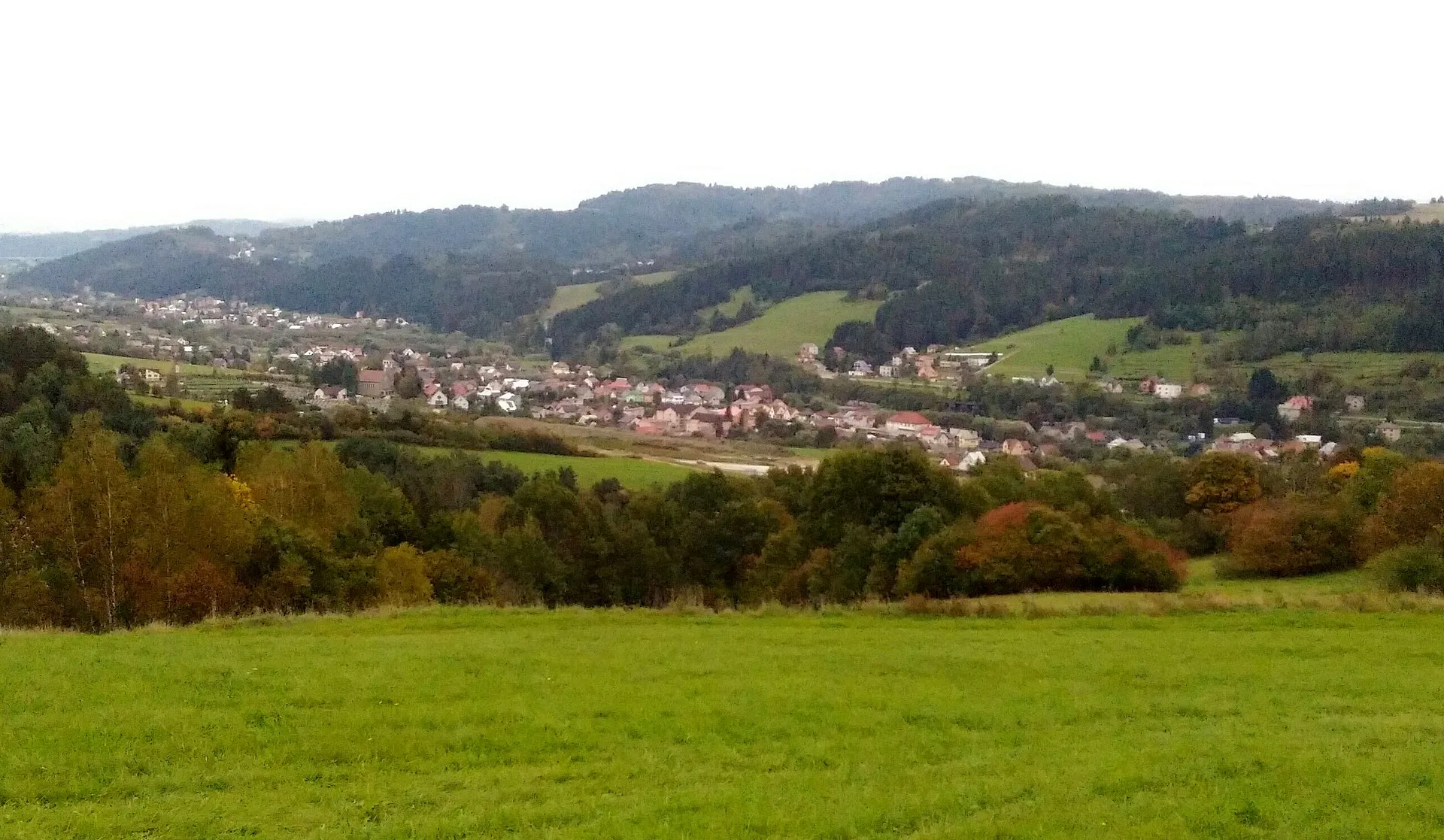 Photo showing: Centrálna časť obce Svrčinovec, pohľad zo západu. V pozadí severné výbežky Javorského Beskydu (vpravo) a Jablunkovské medzihorie (vľavo). Na ľavom okraji obrázka v pozadí je časť obce Čierne.