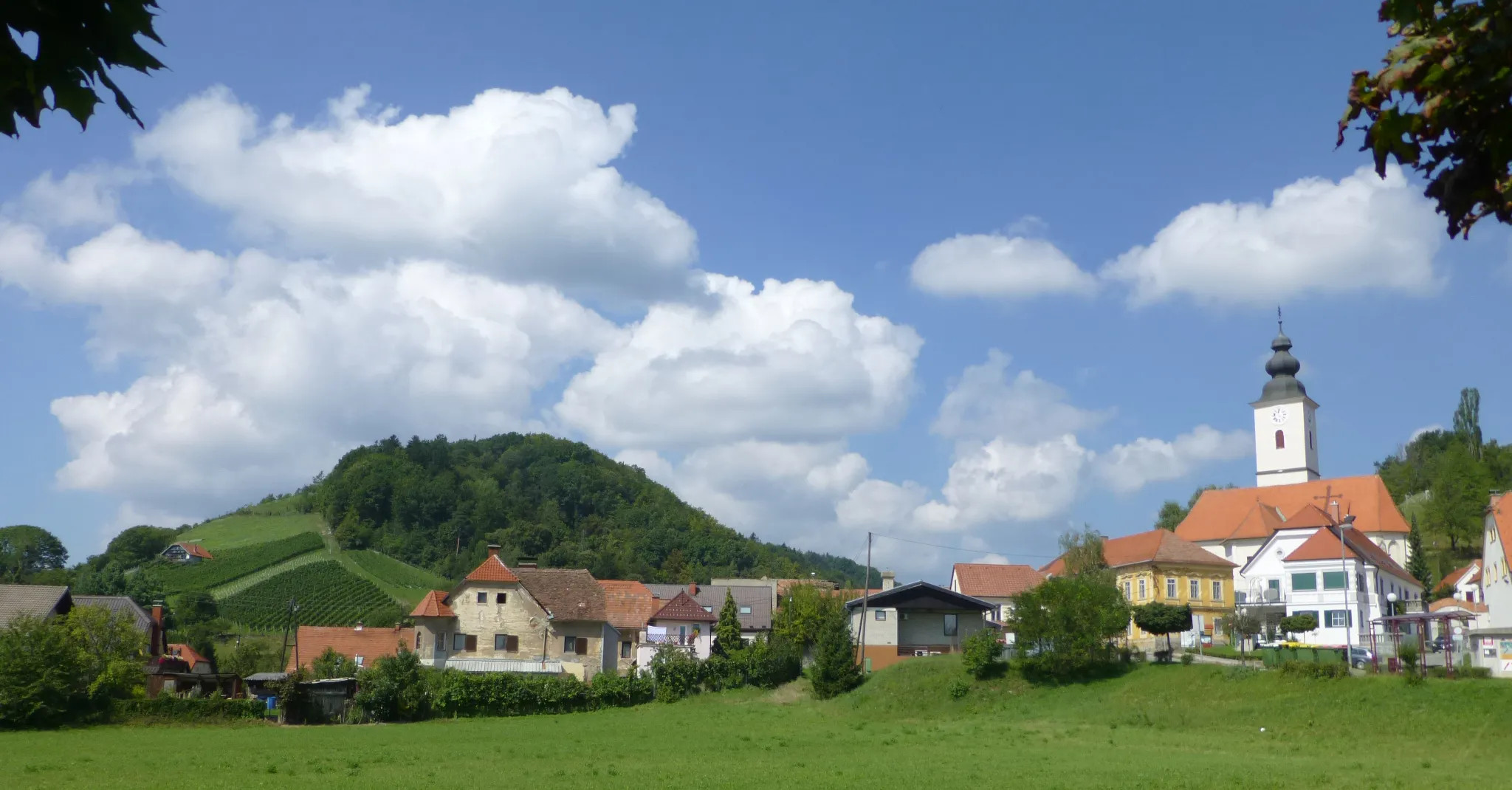 Photo showing: The village of Kamnica, Drava valley, near Maribor. Note the vineyards on the hill. Pohorje region.