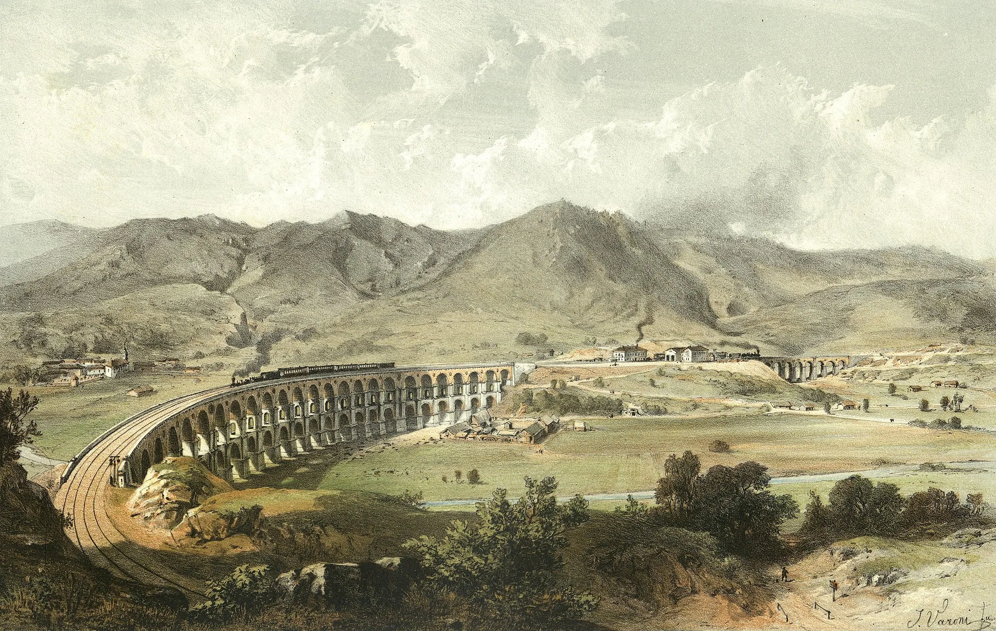 Photo showing: The former Borovnica railway viaduct (also known as Franzdorfer Viadukt in German) in Borovnica, Slovenia. The viaduct was badly damaged during WW2 and blown down completely a few years after.