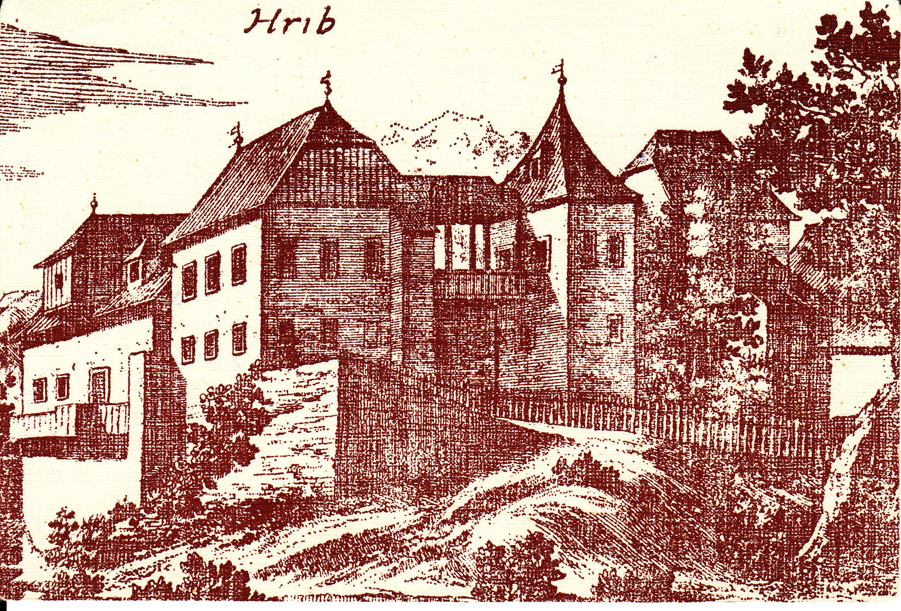 Photo showing: Castle Hrib near Preddvor, Slovenia - copper engraving by Janez Vajkard Valvasor, 1689
