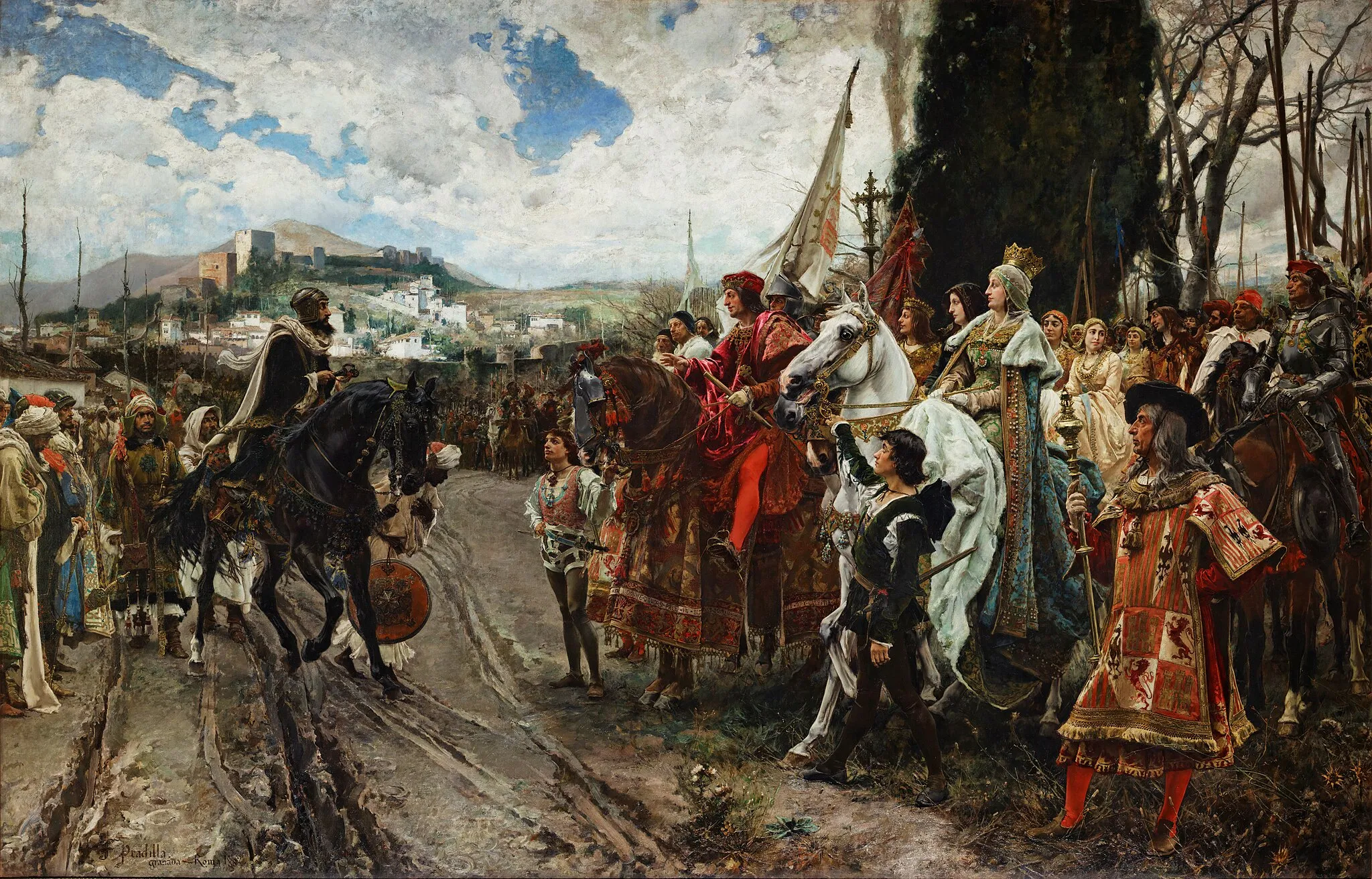 Photo showing: The Surrender of Granada: The last king of Granada, Abu Abdullah Muhammad XII, hands over Granada, the last Muslim stronghold in Andalusia, to the Catholic King Ferdinand II of Aragon