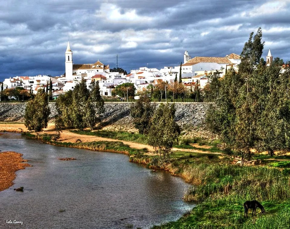 Photo showing: Rio Odiel y Gibraleón, al frente el dique de contención, sobre este se encuentra el paseo de San Felice Circeo.