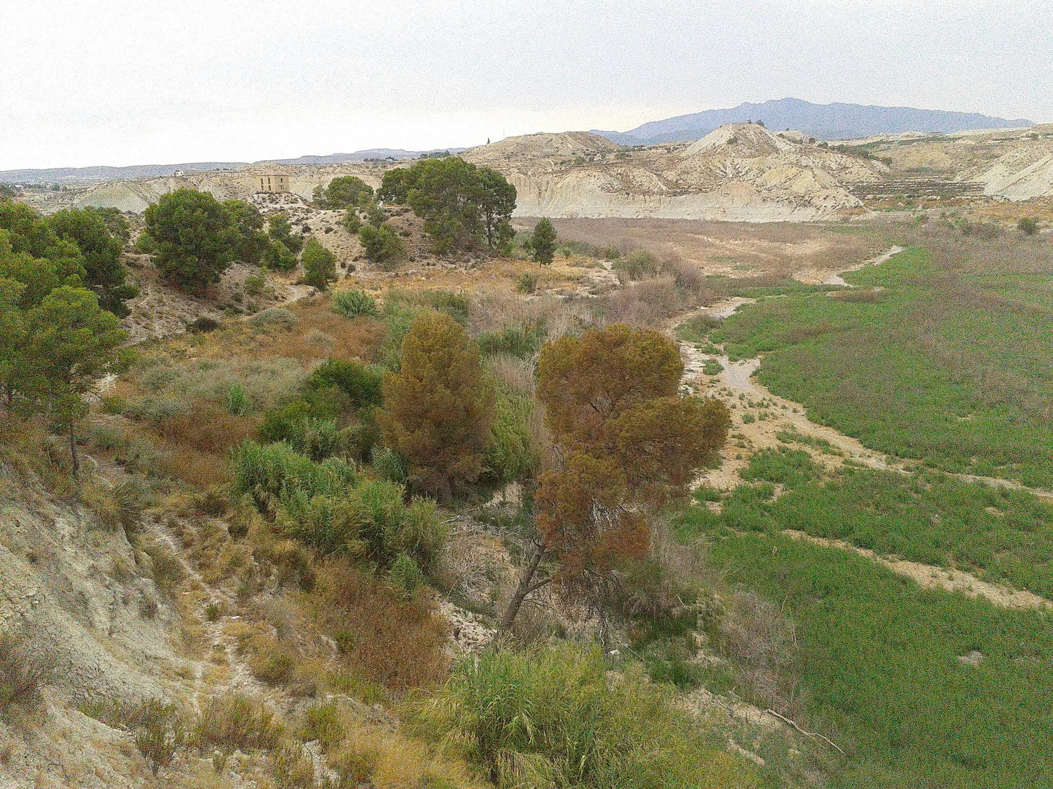 Photo showing: Río Mula y paisajes del Rodeo de la Ermita. Con el Palomar Payá de fines del siglo XIX al fondo.