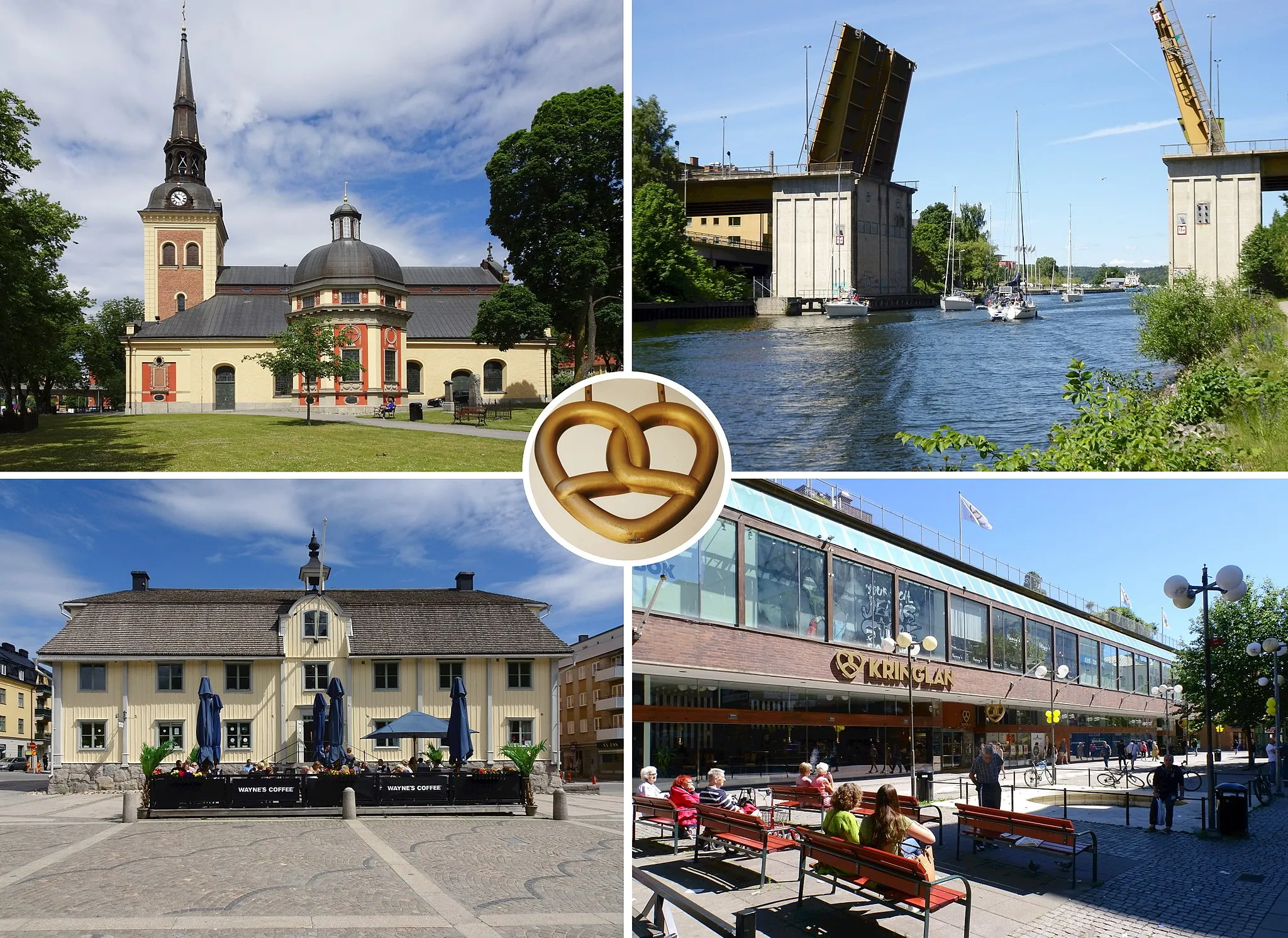 Photo showing: Södertälje Fotokollage:
Sankta Ragnhilds kyrka
Södertälje kanal och Mälarbron
Södertäljes gamla rådhus
Varuhuset Kringlan
Kringlan